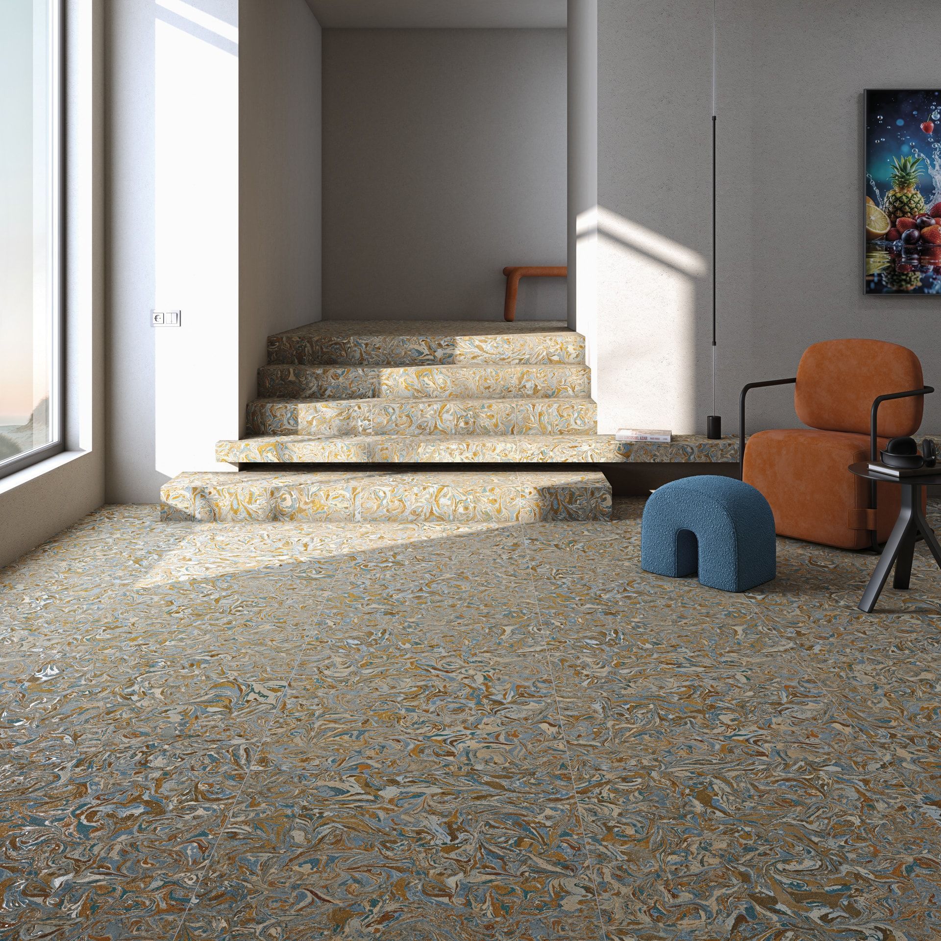 Swirl Used on the floor of the stairs of this modern loooking room