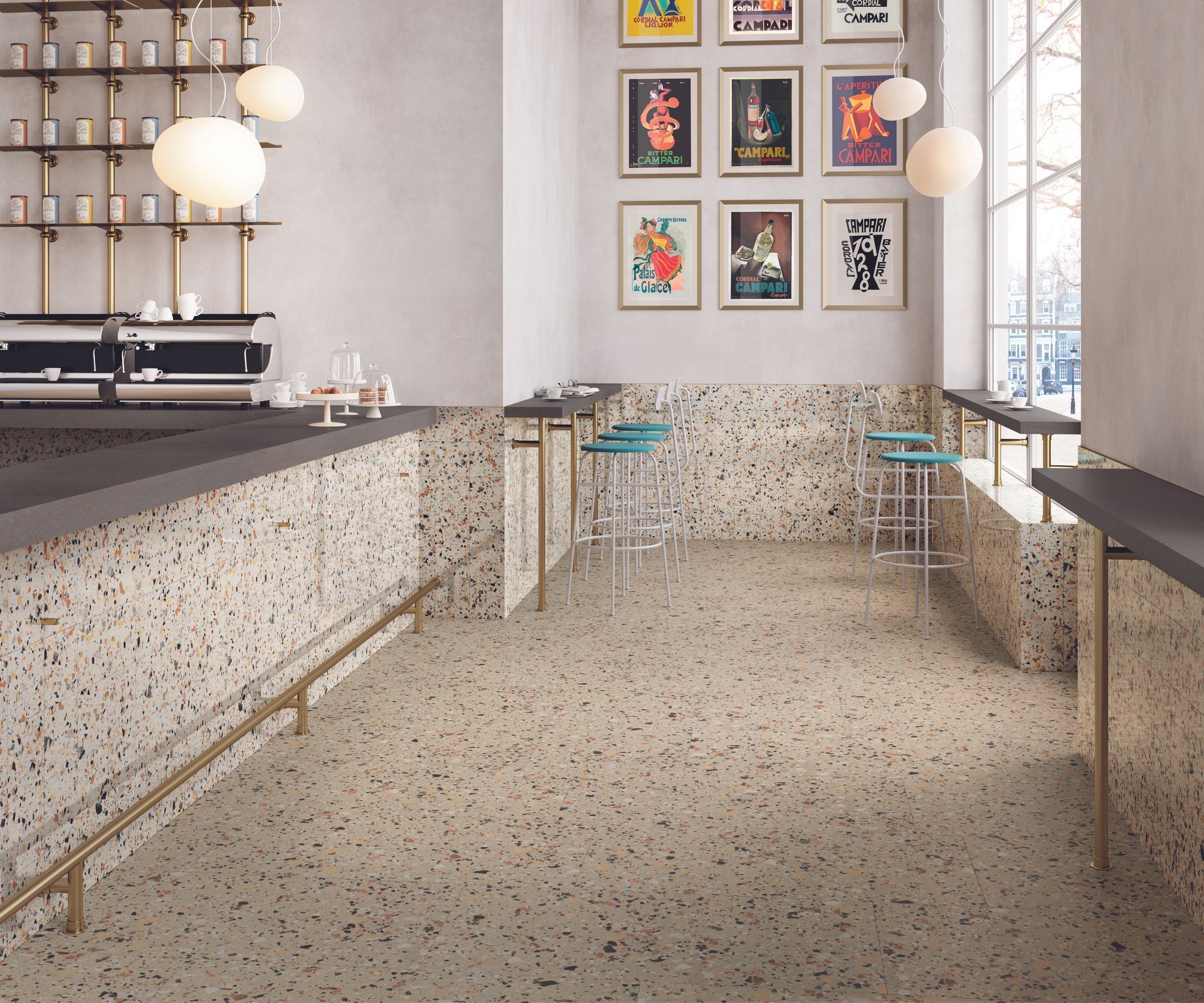 full bodied porcelain design of a lounge area with a beige seat and a coffee table