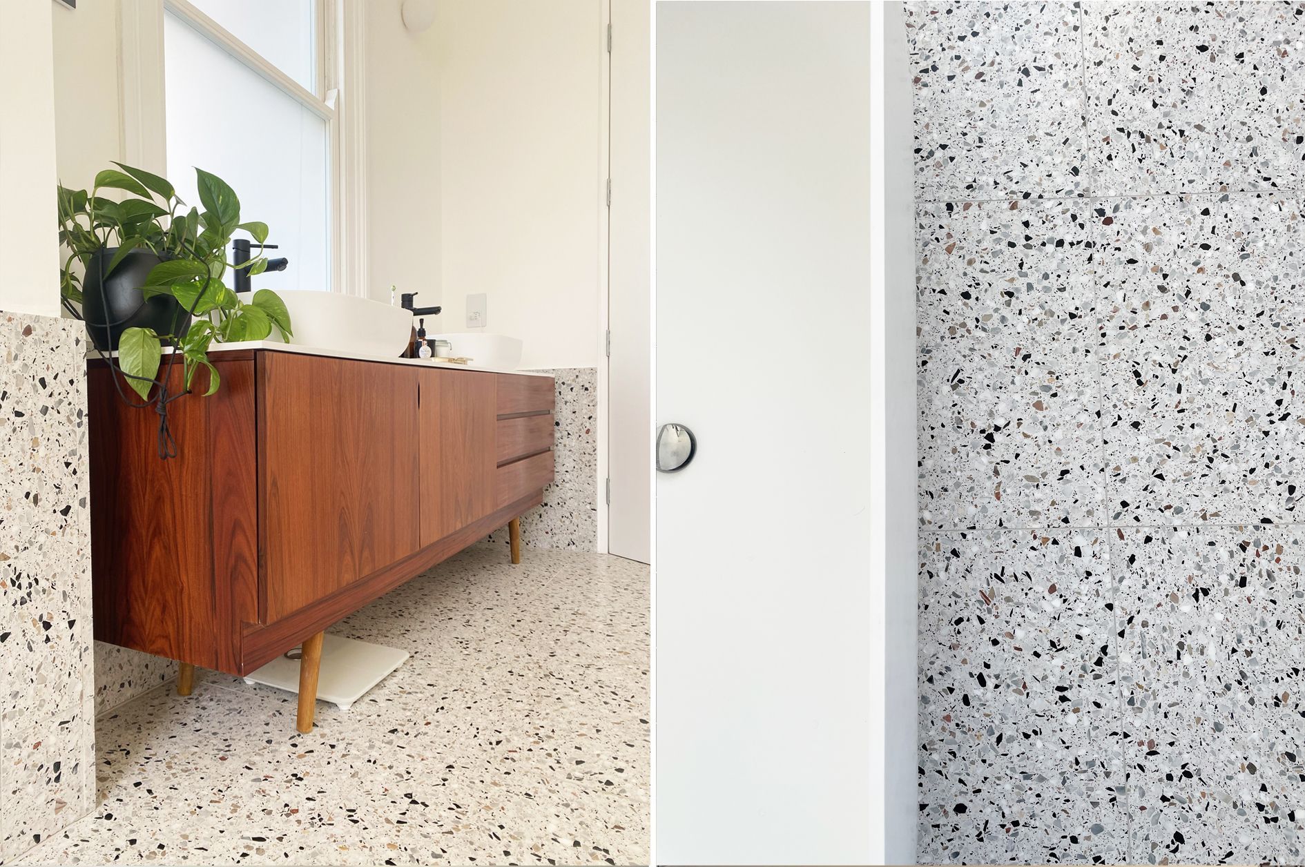 Terrazzo effect flooring and a wooden cupboard with a plant ontop