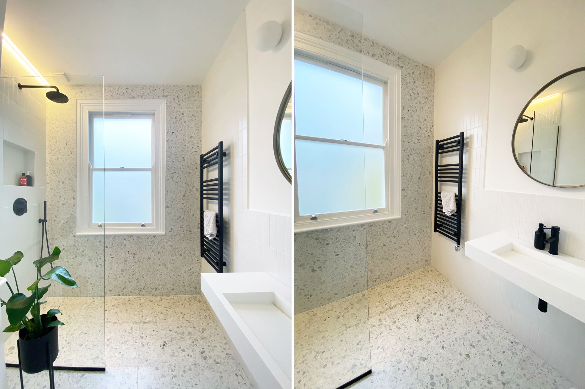 Terrazzo Effect tiles with a sink and mirror and cloudy window
