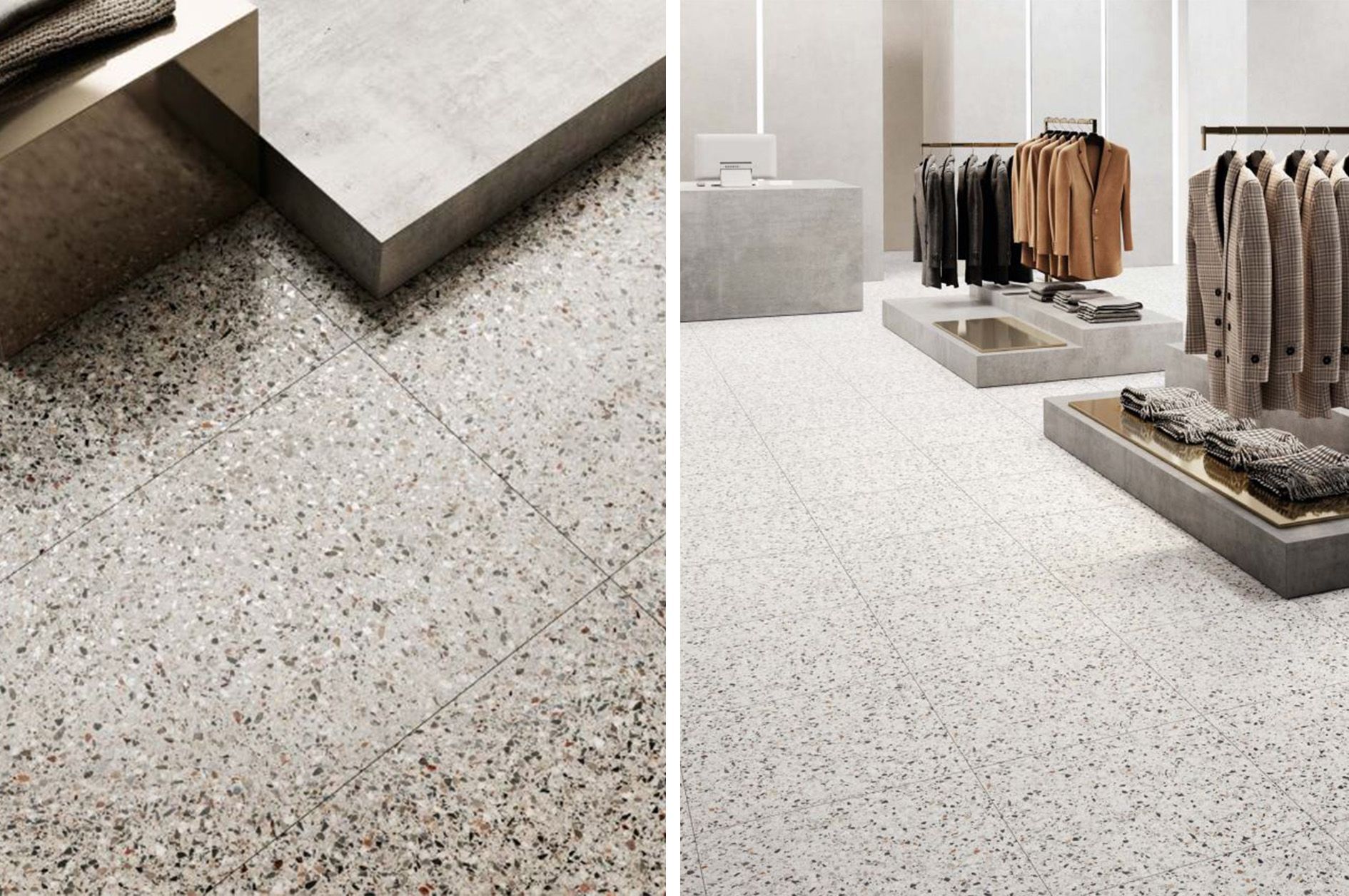 Close up image of the floor tile in a clothing store Real terrazzo flooring