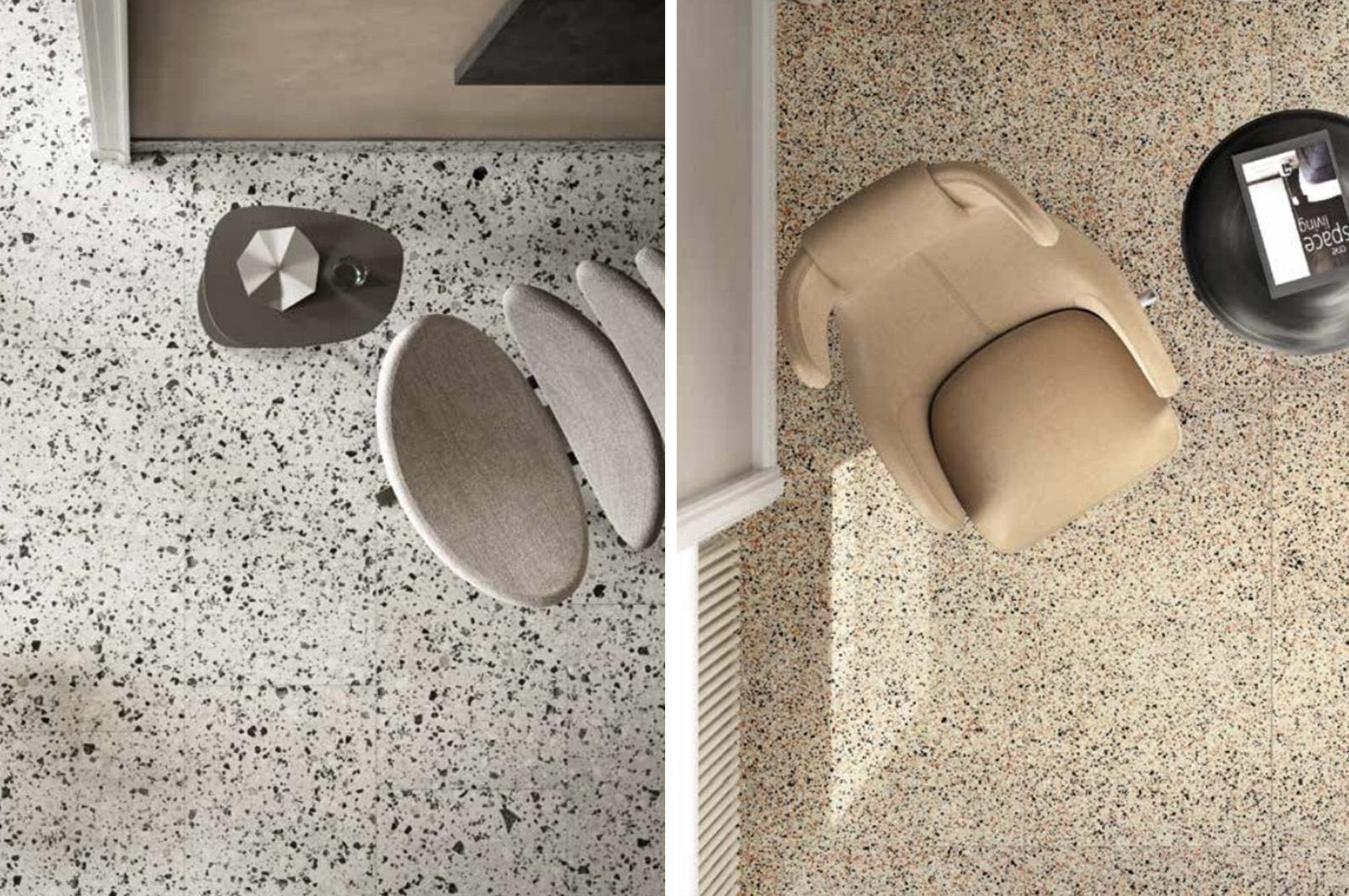 Birdseye view of 2 rooms very simular in style but one major difference the terrazzo floor tiles