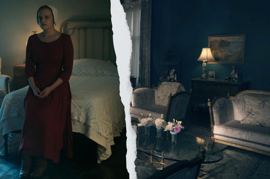 Neo-Victorian Blue tiles half image of offred in her cold room the other half the grand living room of the waterfords