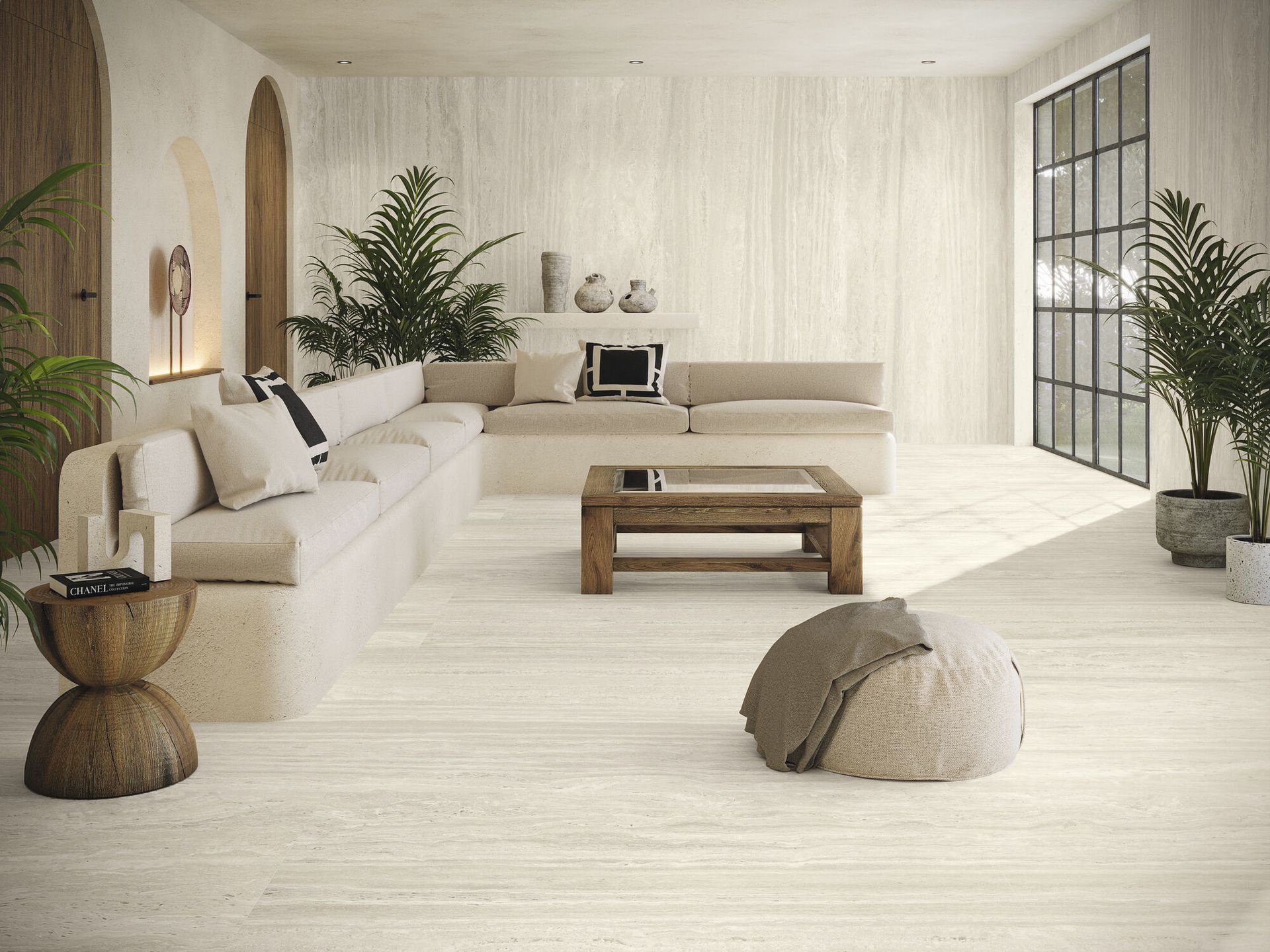 Travertina beige floor tile used in a open living room