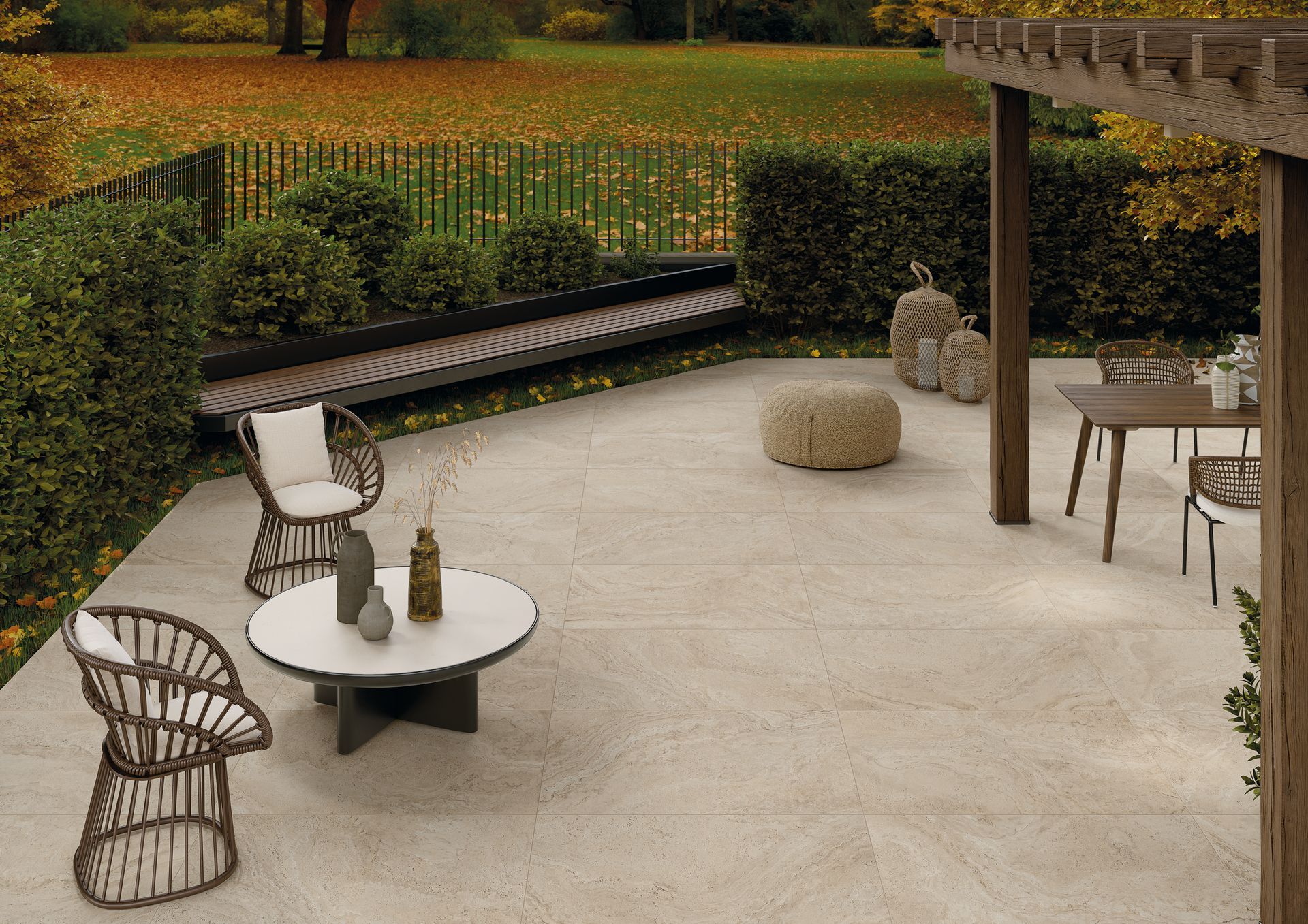 Outdoor concrete effect floor tiles used as a patio floor