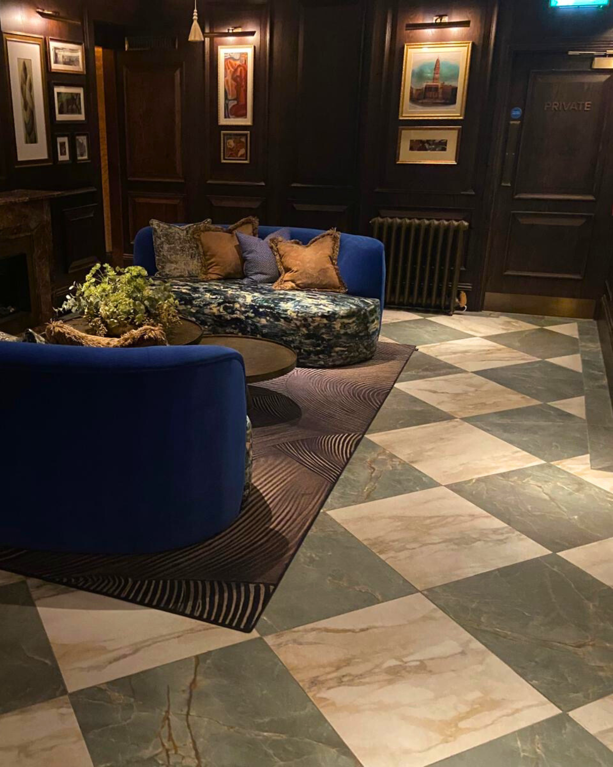 seating area in the cut and craft bar using chequerboard effects on the floor