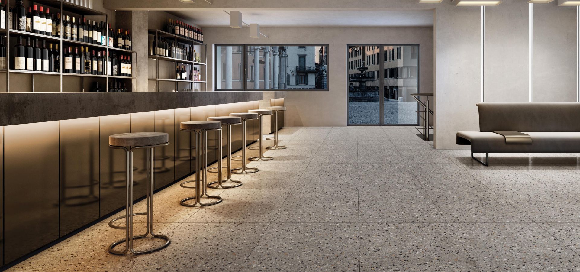 terrazzo tiles, terrazzo floor in a bar setting with metal bar stools