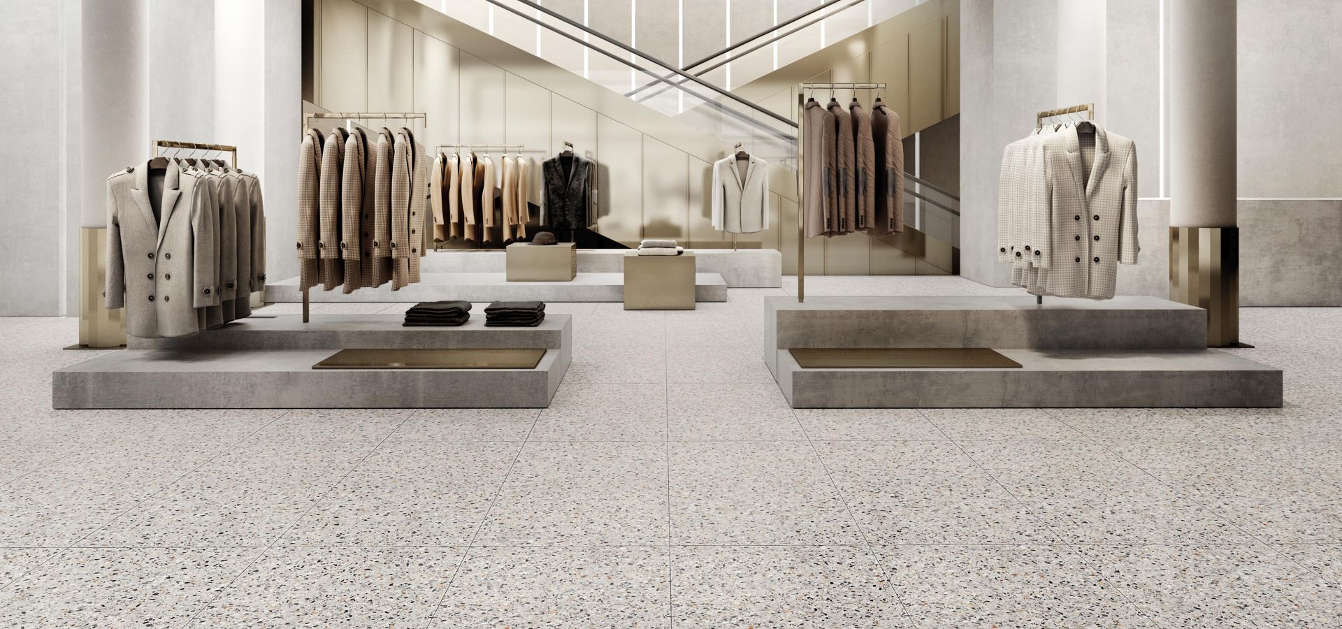 terrazzo tiles,  mens clothing store with a modern aesthetic
