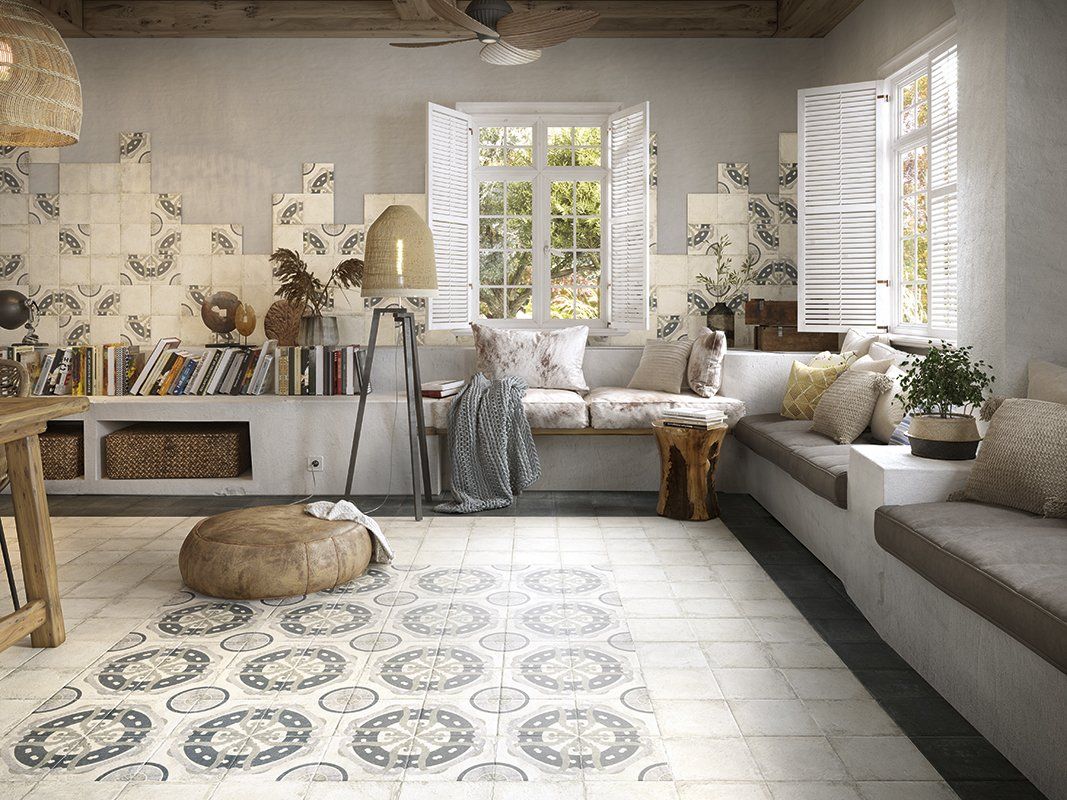 White and black floor pattern in a modern living room