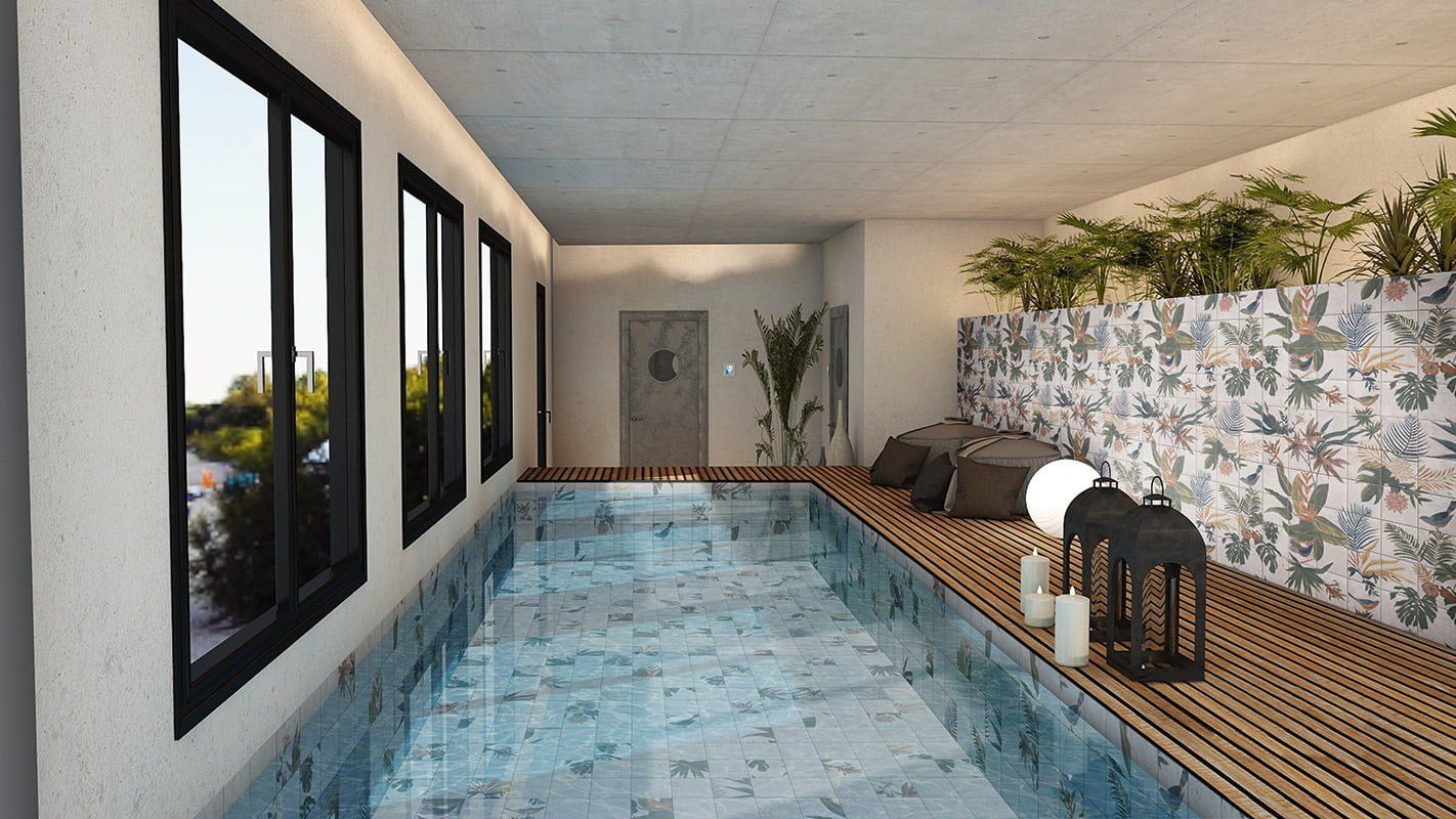 rainforest wall tiles used in a pool side wall