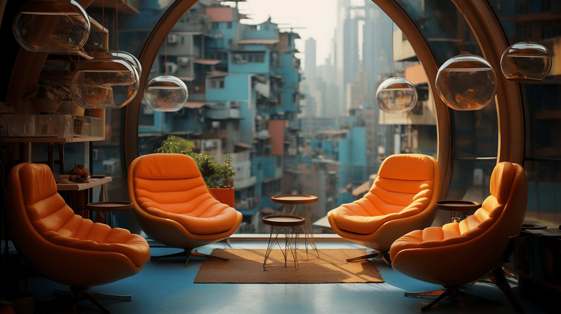 Hyper futuristic ai generated living room with orange sitting chairs