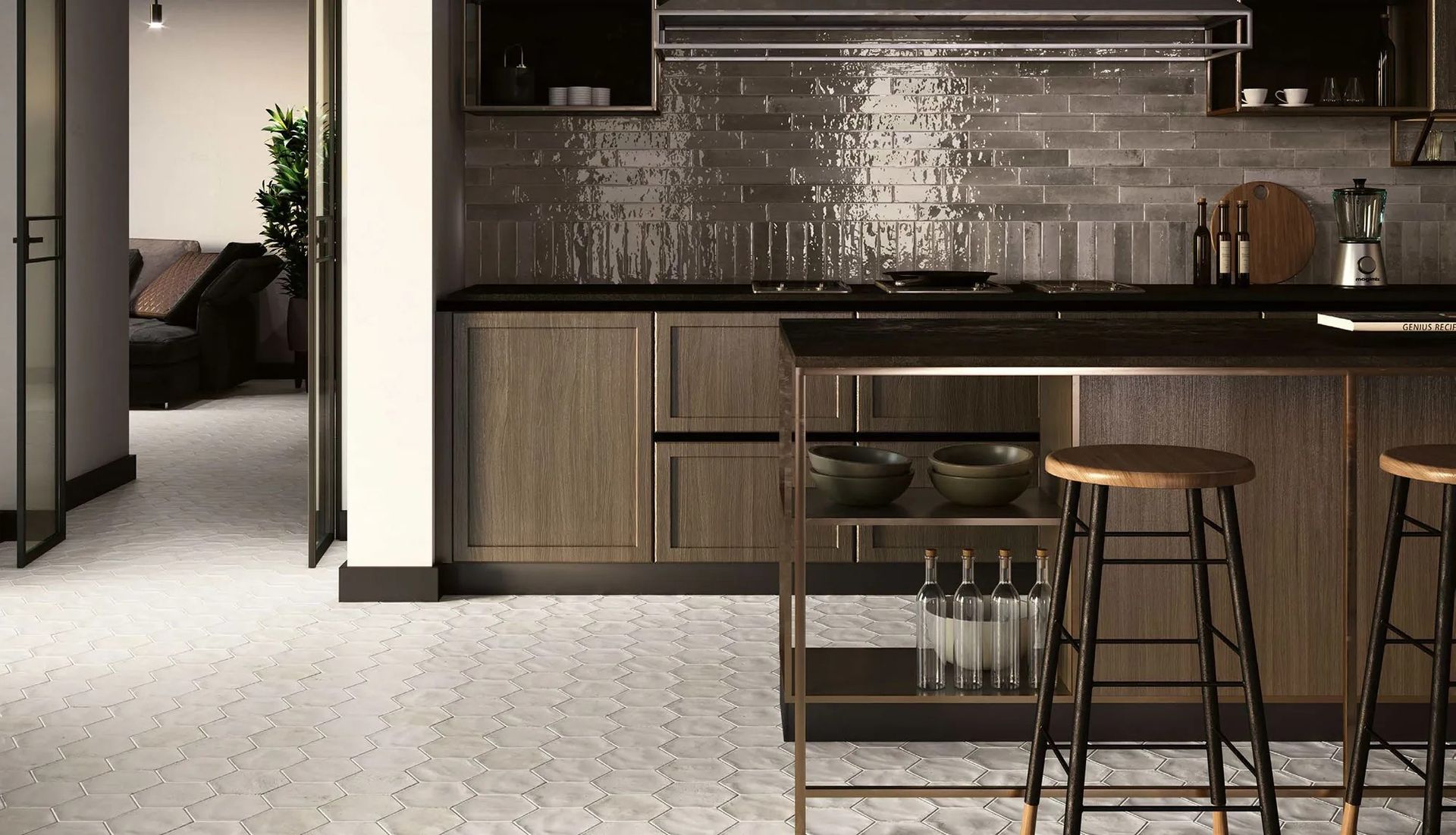 brick tiles used in a modern kitchen with gorgeous wooden details and rich in dark colours.