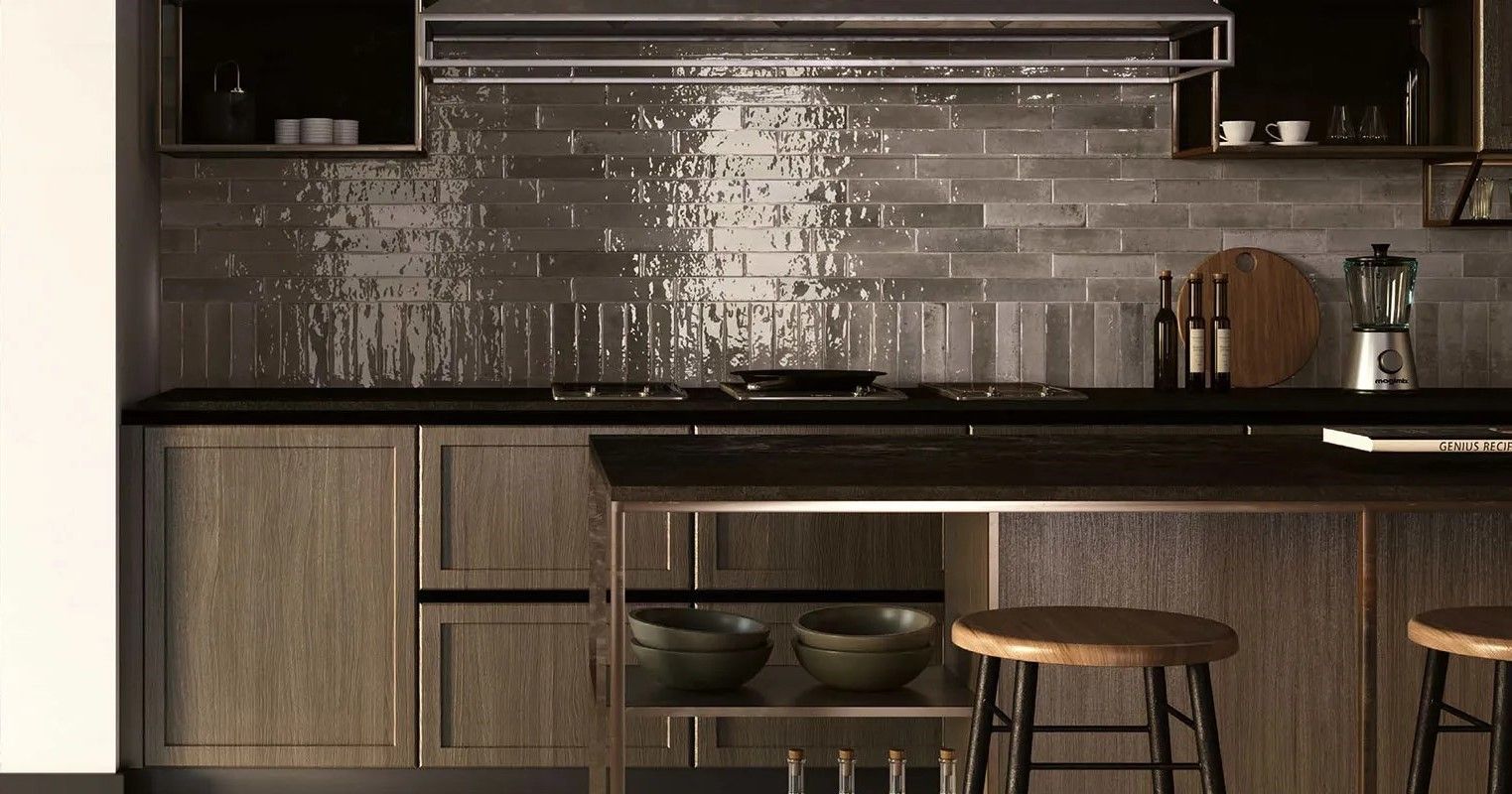 Gloss brick and metro wall tiles layed in the kitchen