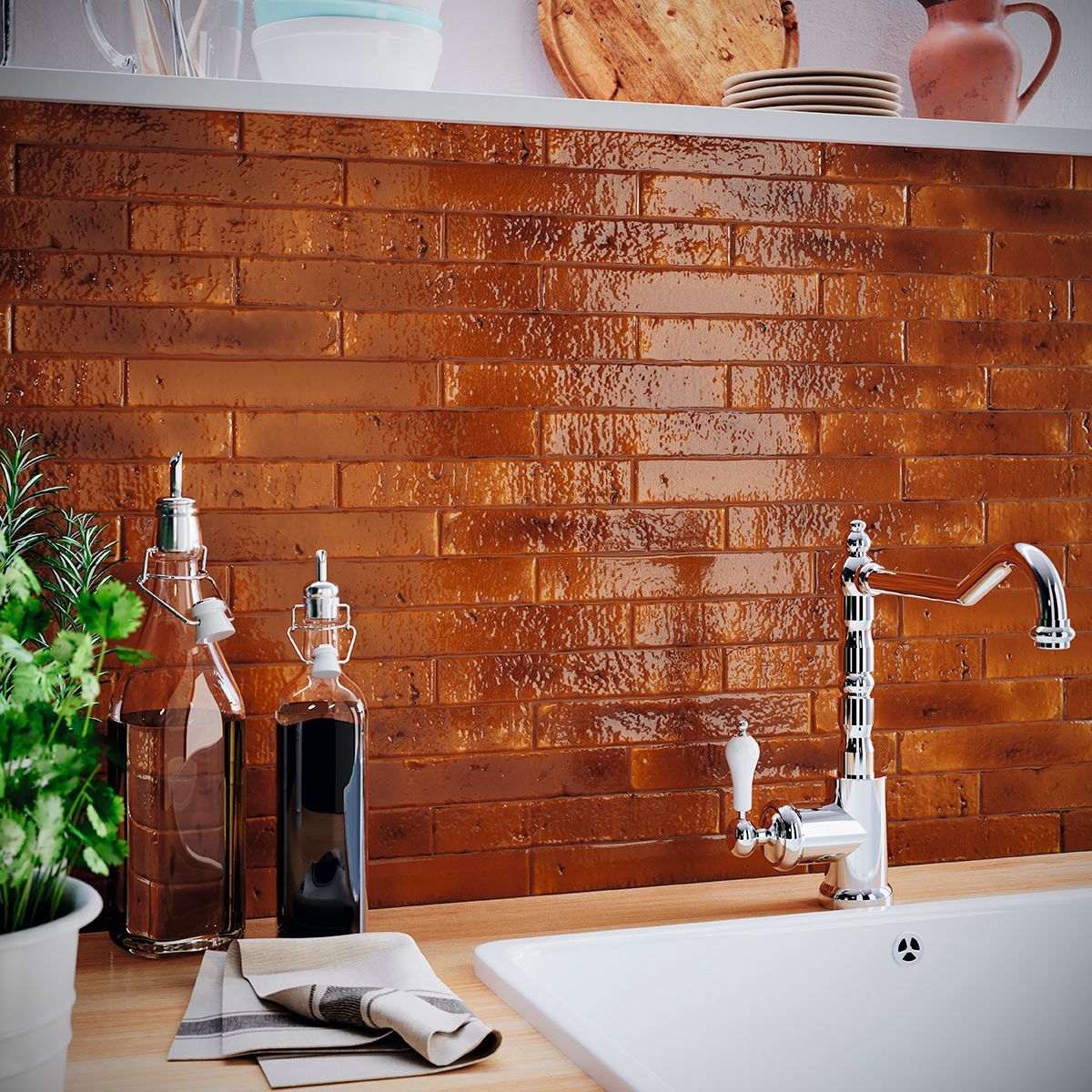 brickslip red with a tap and seasoning bottles