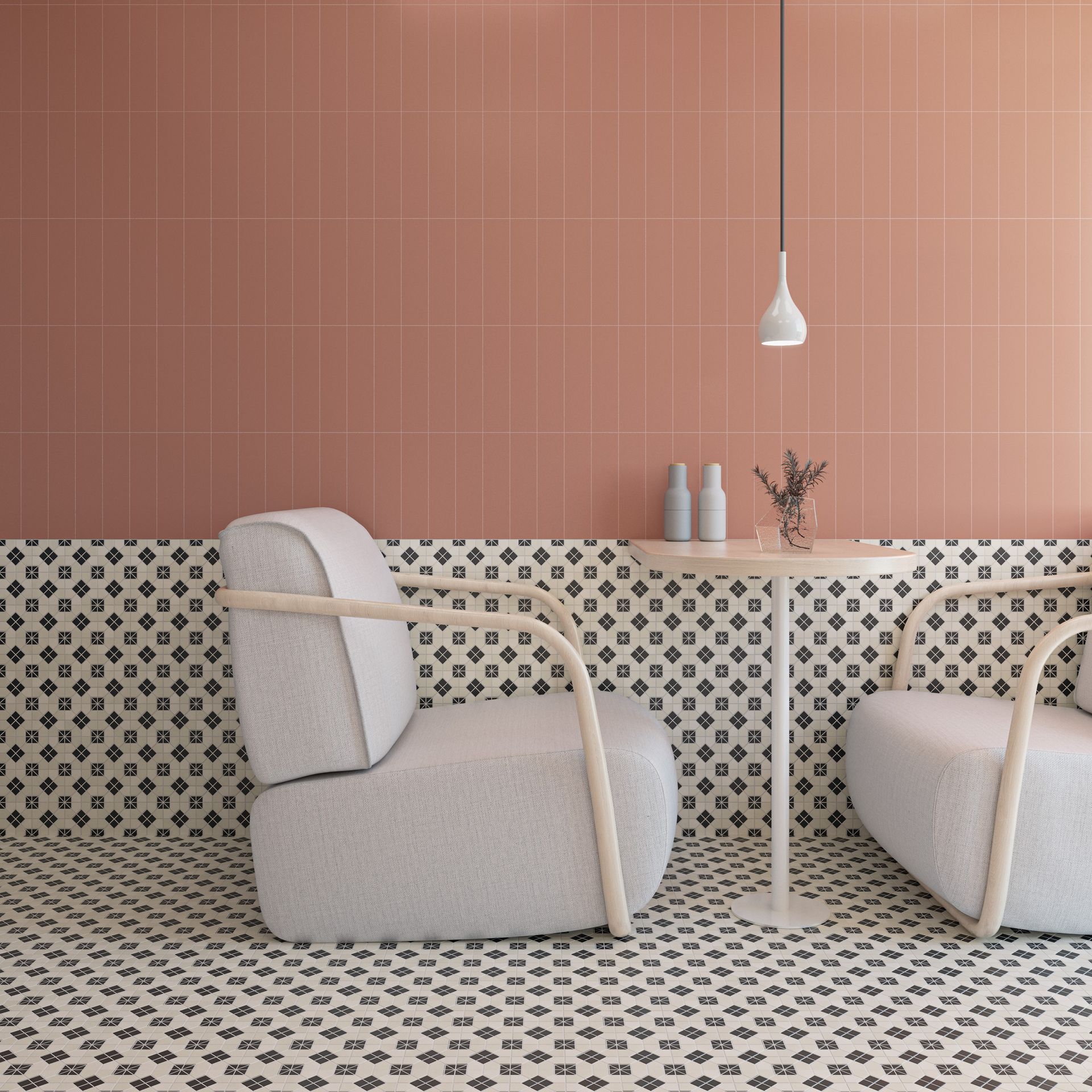 a black and white floor/wall pattern floor tile with beige/white seats and a pinksish round tall table