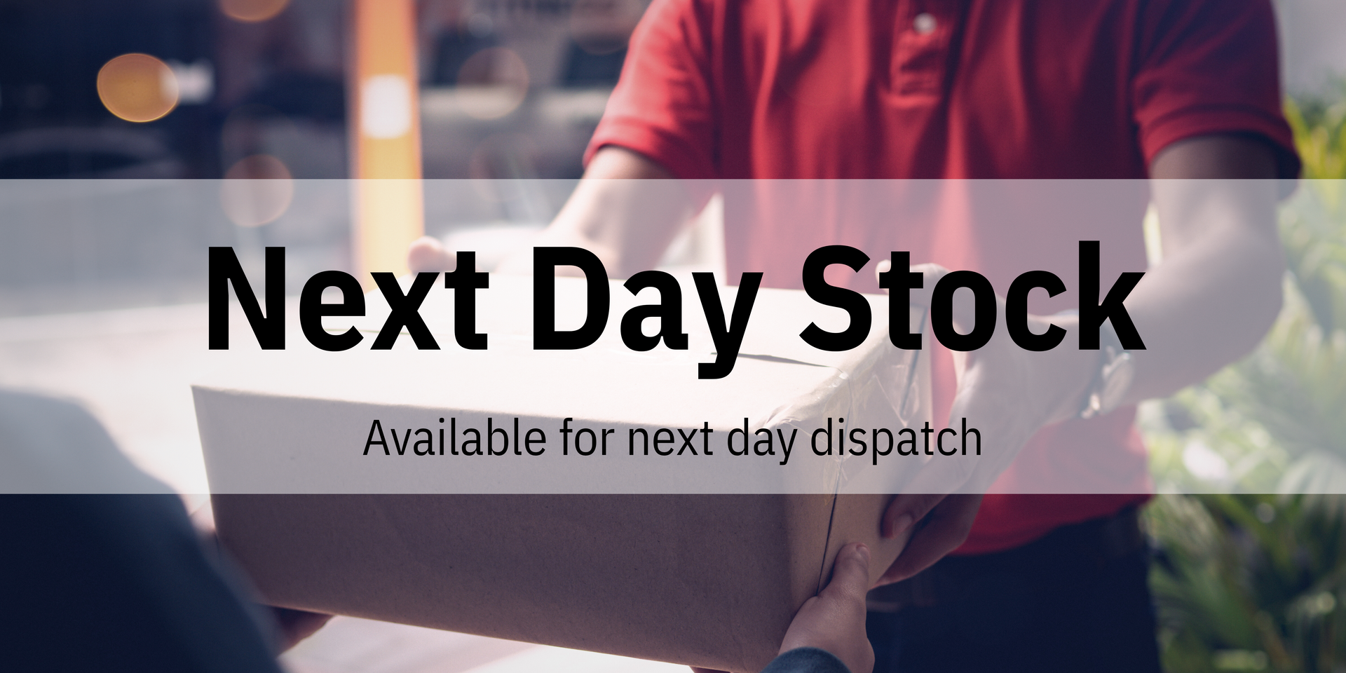 Man in red polo shirt delivery a parcel with overlay text