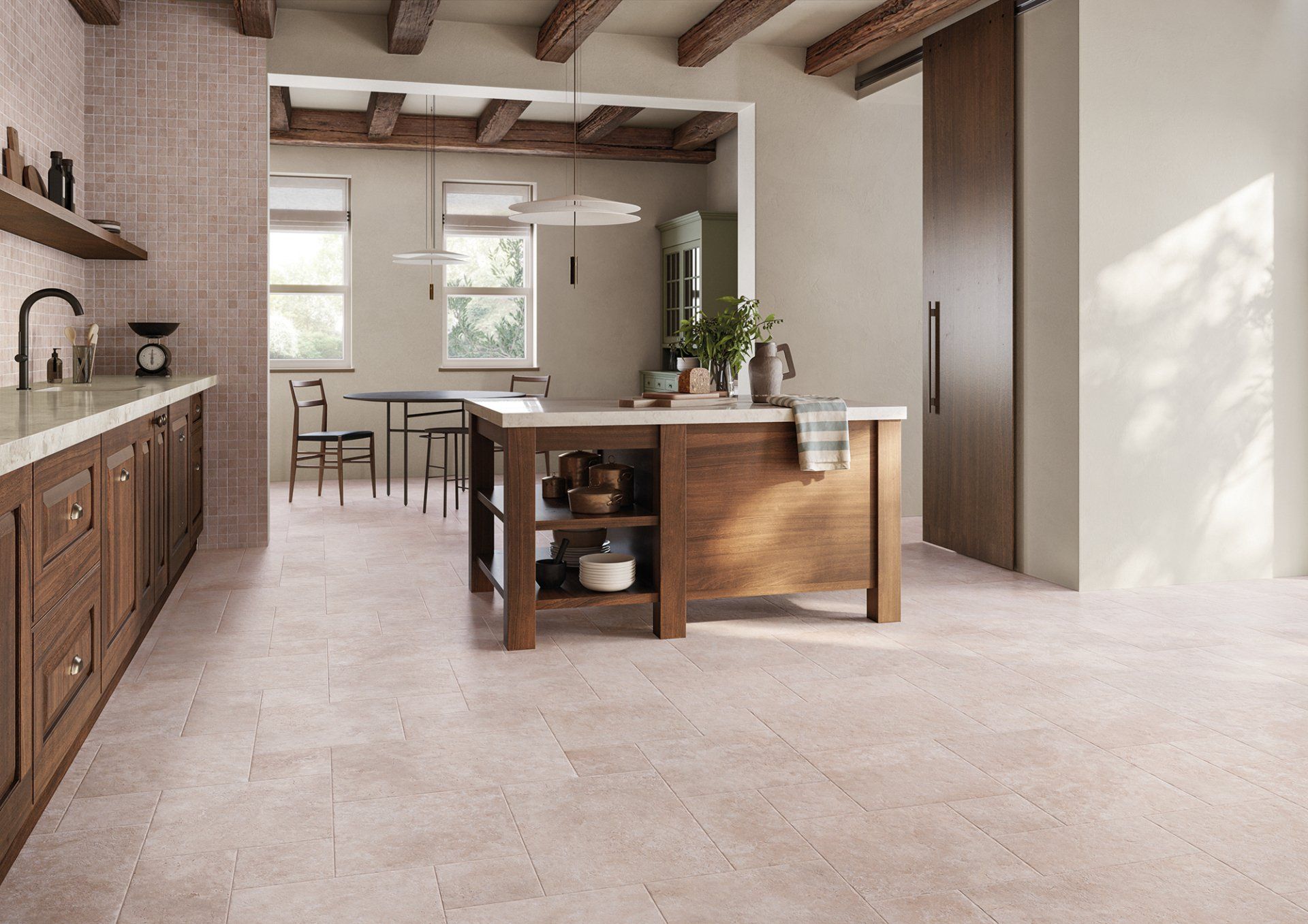 limestone effect tiles , open plan kitchen design