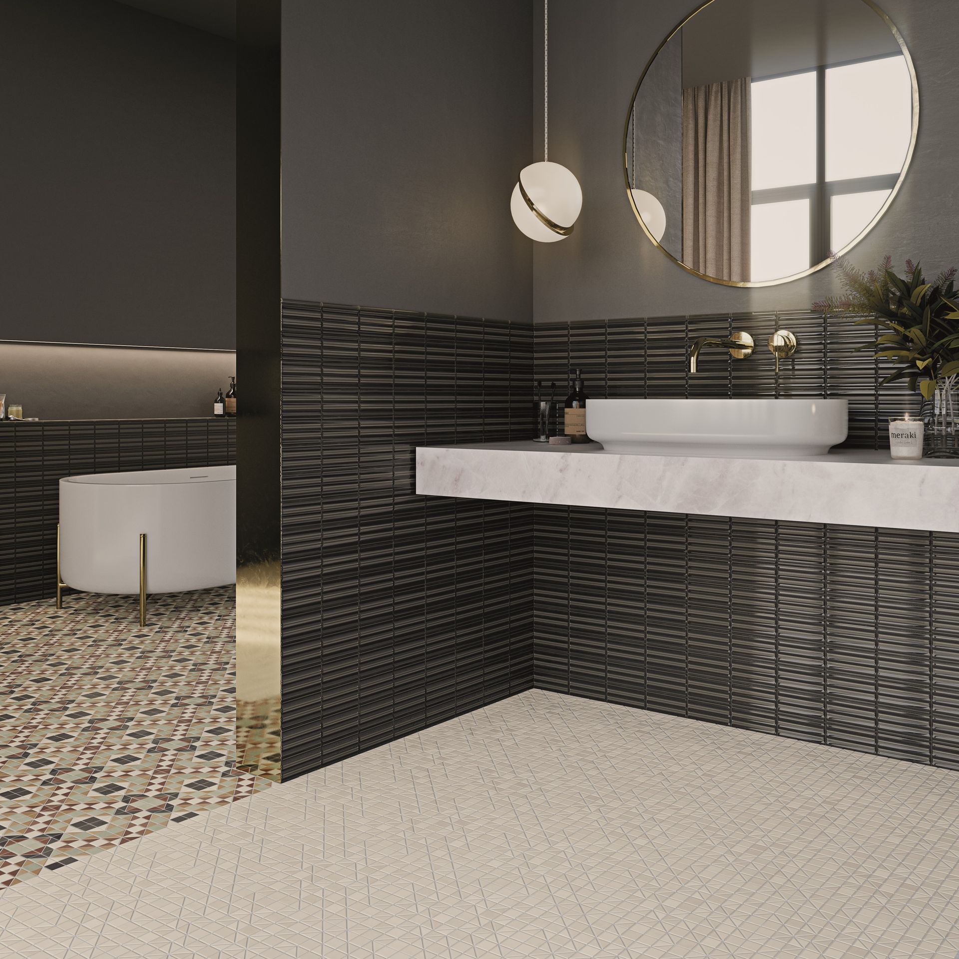 3d and textured tiles in a bar like design with white metal bar stools