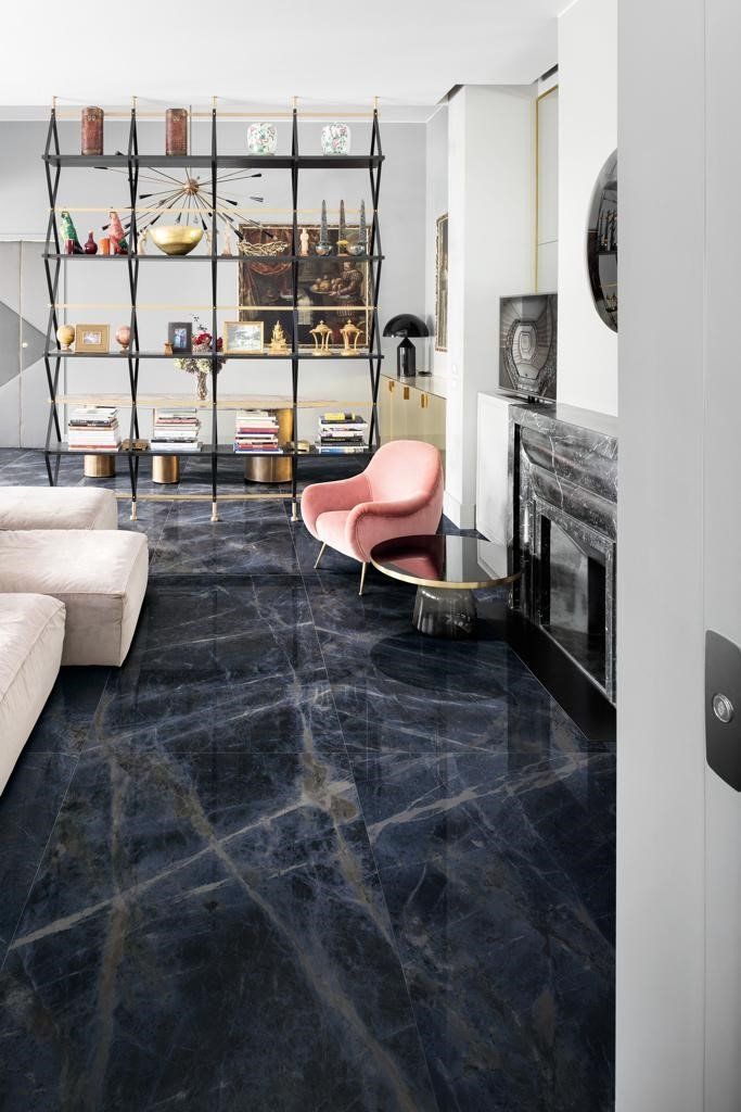 Blue marble floor tile in living area