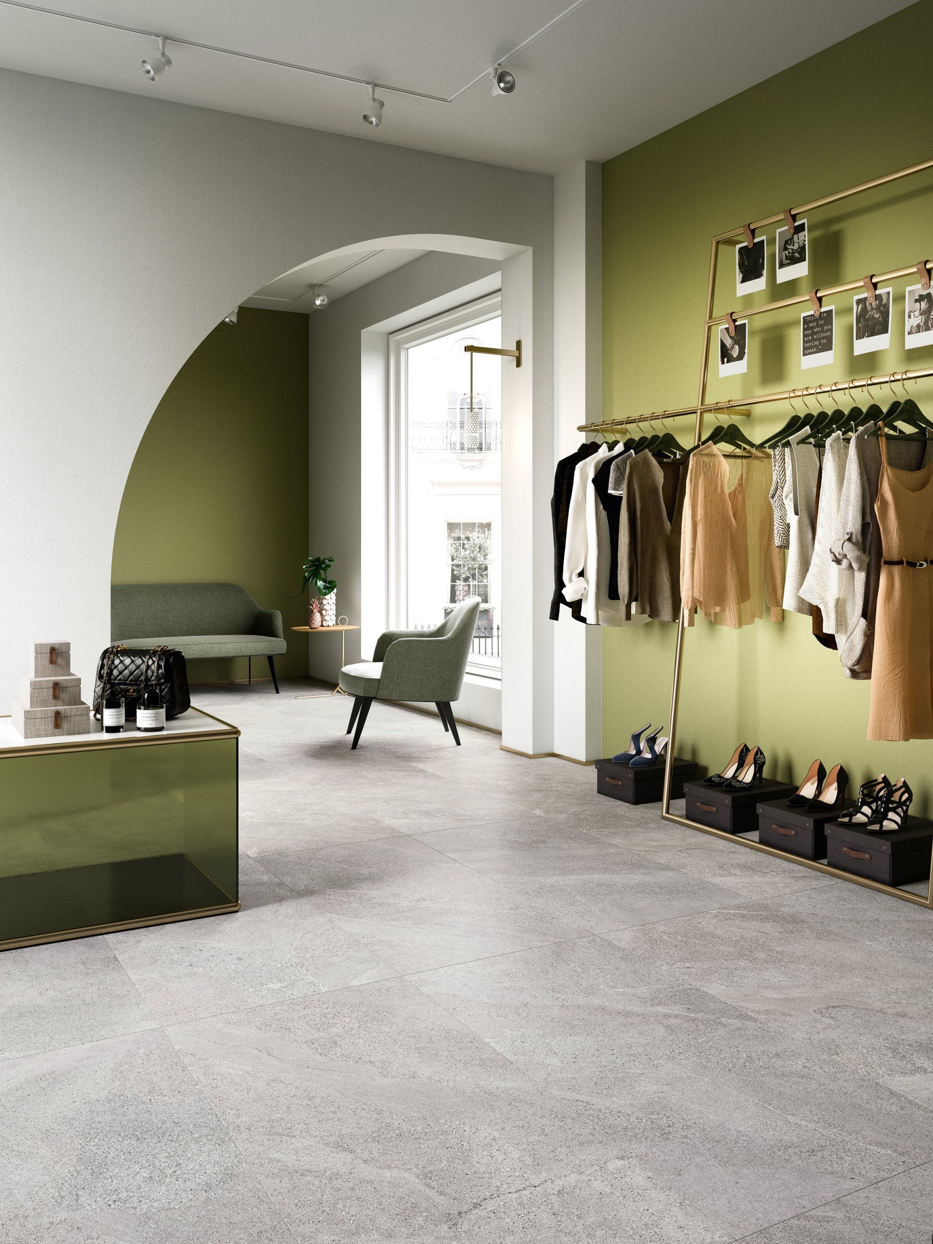 patio tiles, fireplace , green vase, light grey couch, inside outside tiles