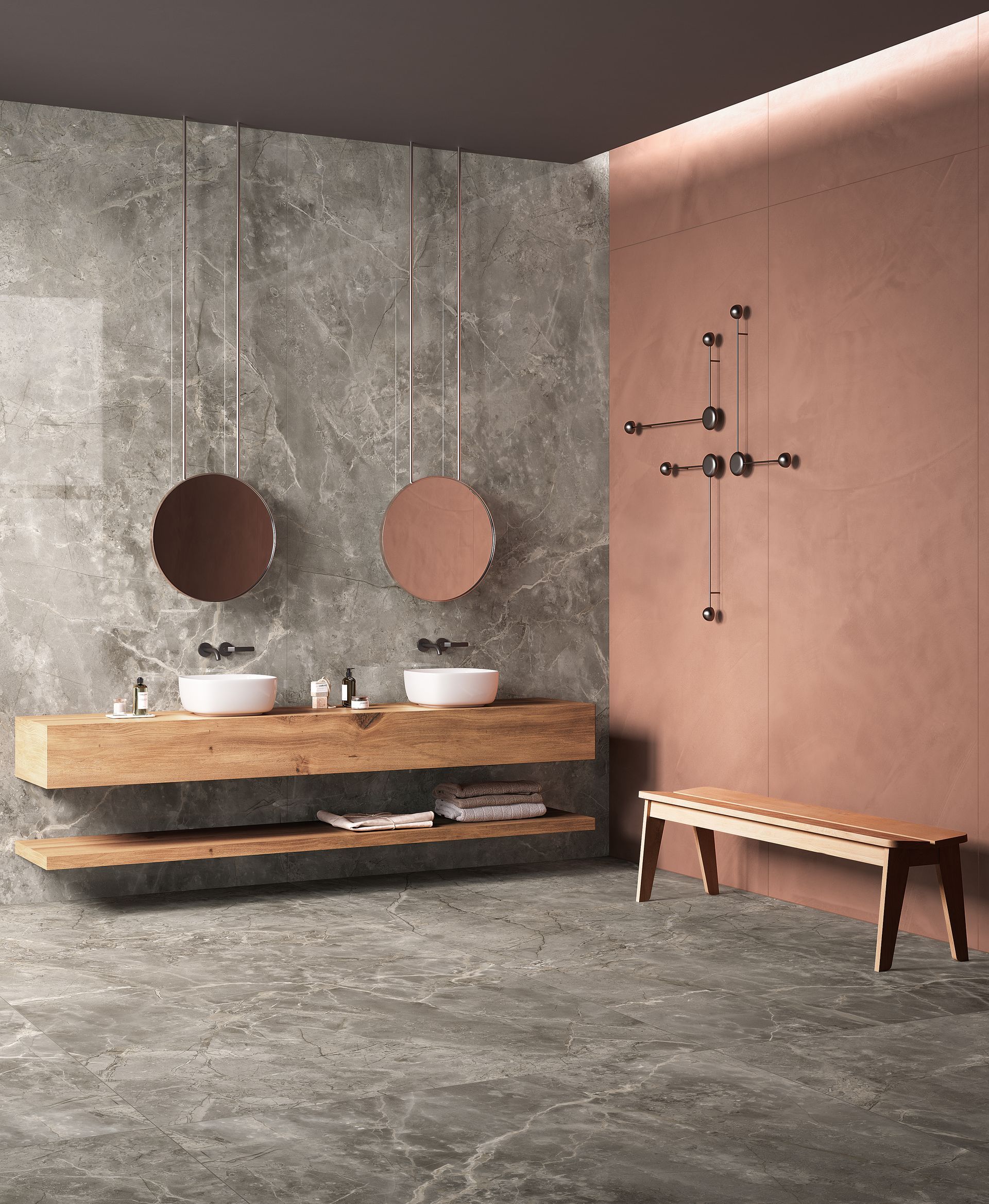 Marble Effect used for a bathroom with modern design, hanging mirrors and a pink wall