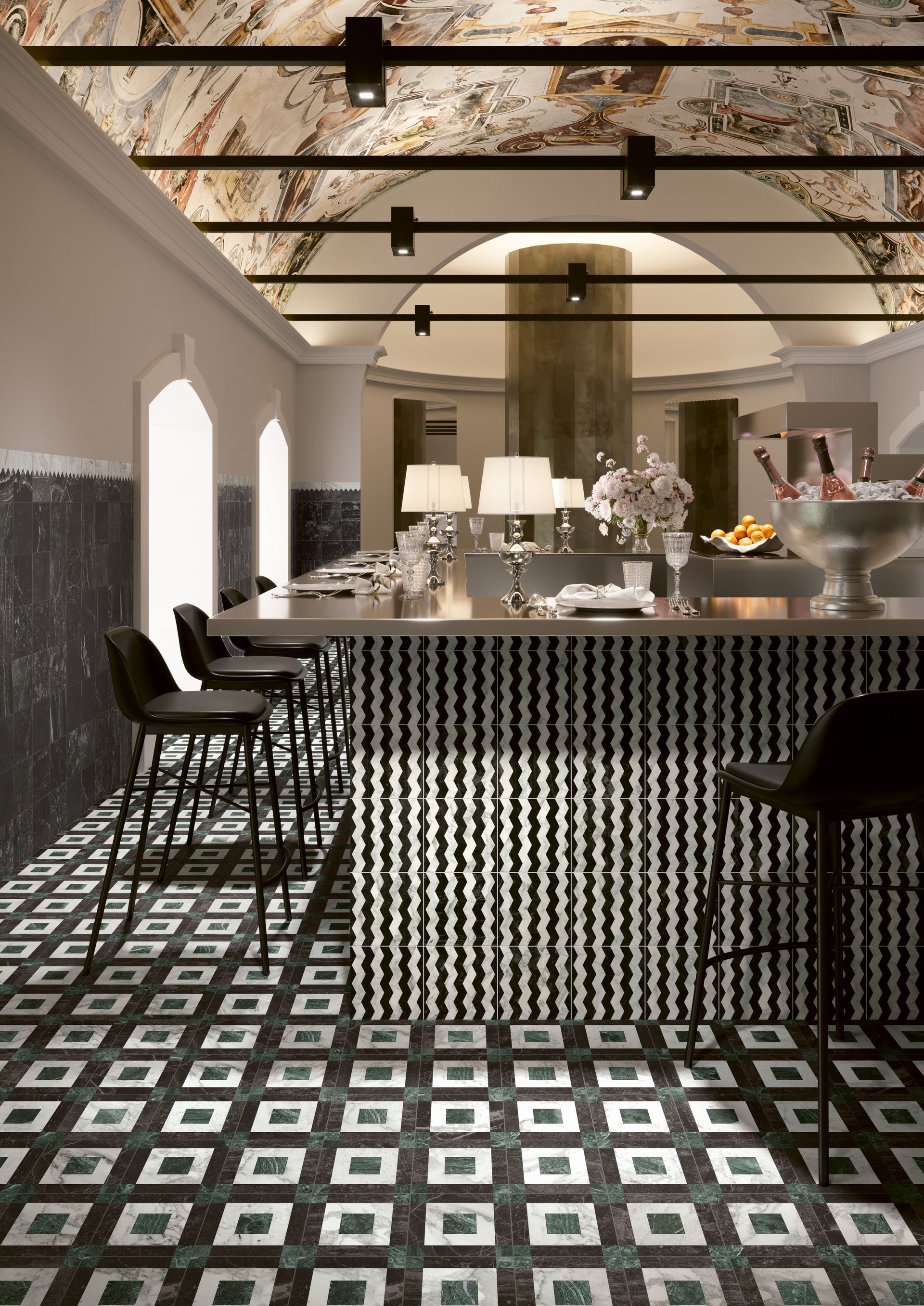 geometric pattern wall and floor tiles, twenties style ,commercial tile, bar stools, bar room