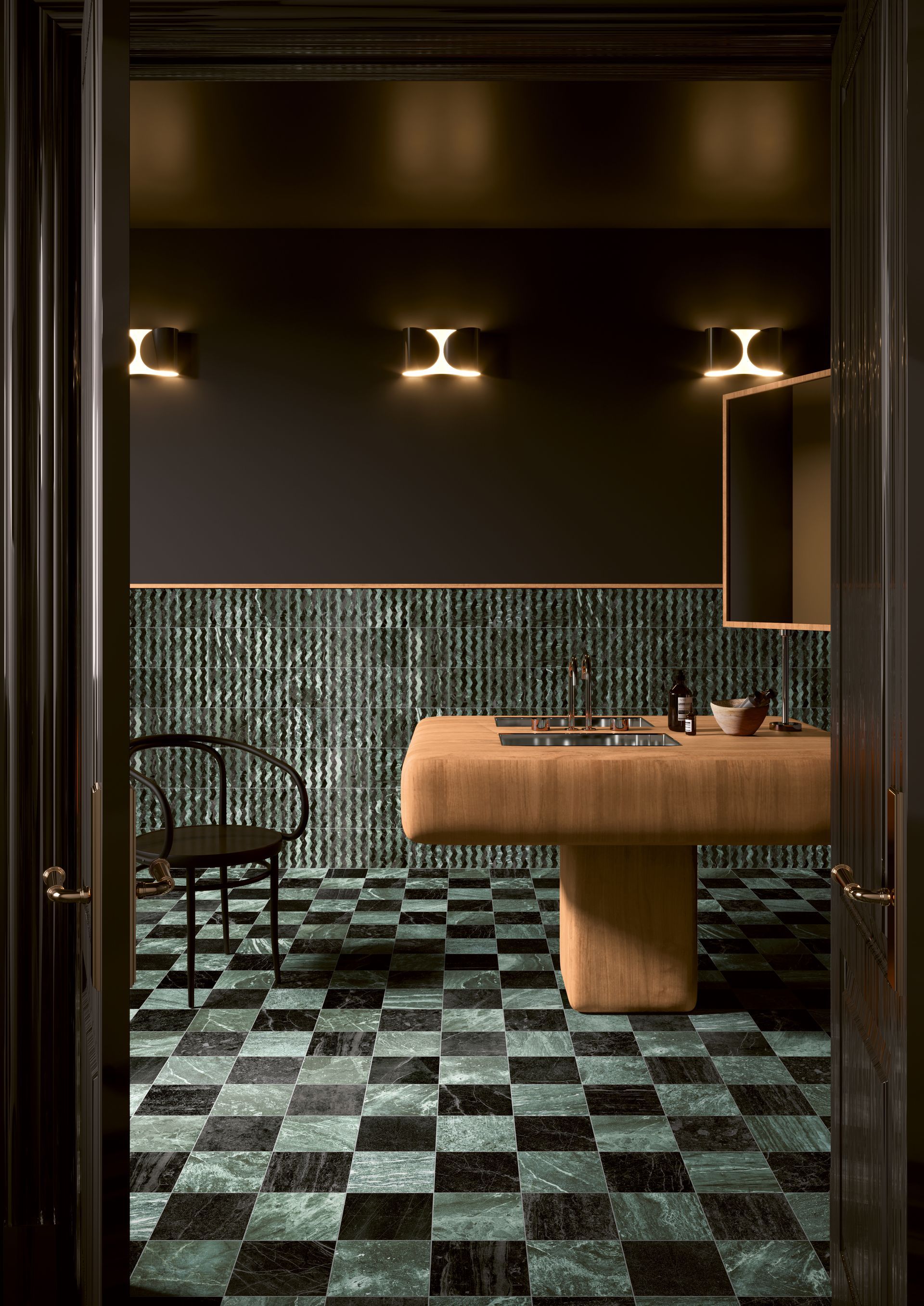 Black and green marble effect chequerboard floor tiles, pendant lighting and fluted green 3d wall tiles.