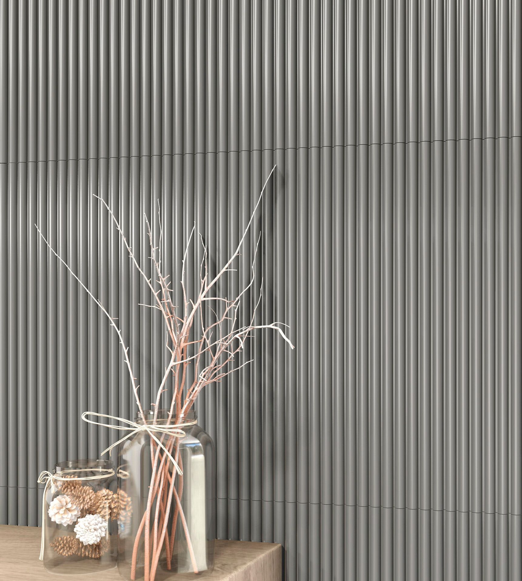 Circular grey wall tiles used on the wall