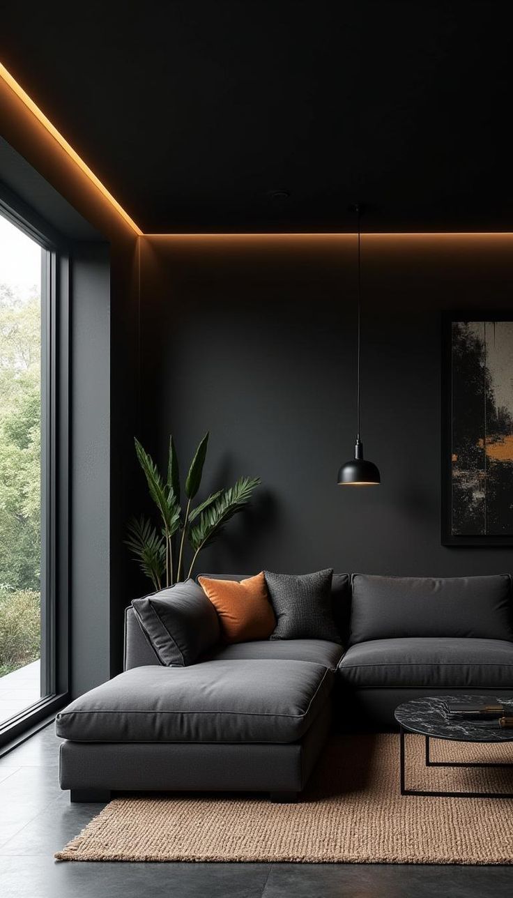 Colour drenched black and grey livingroom
