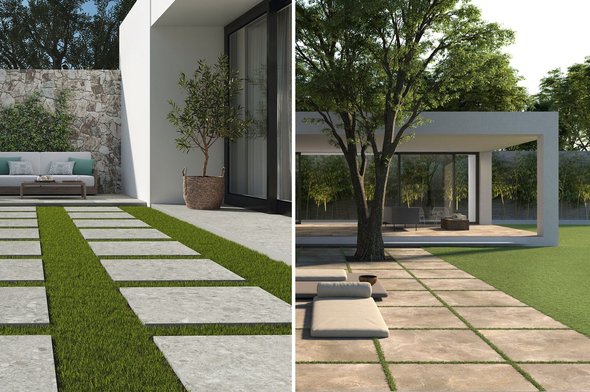 2 gardens both with tiles on the grass with grass grout lines