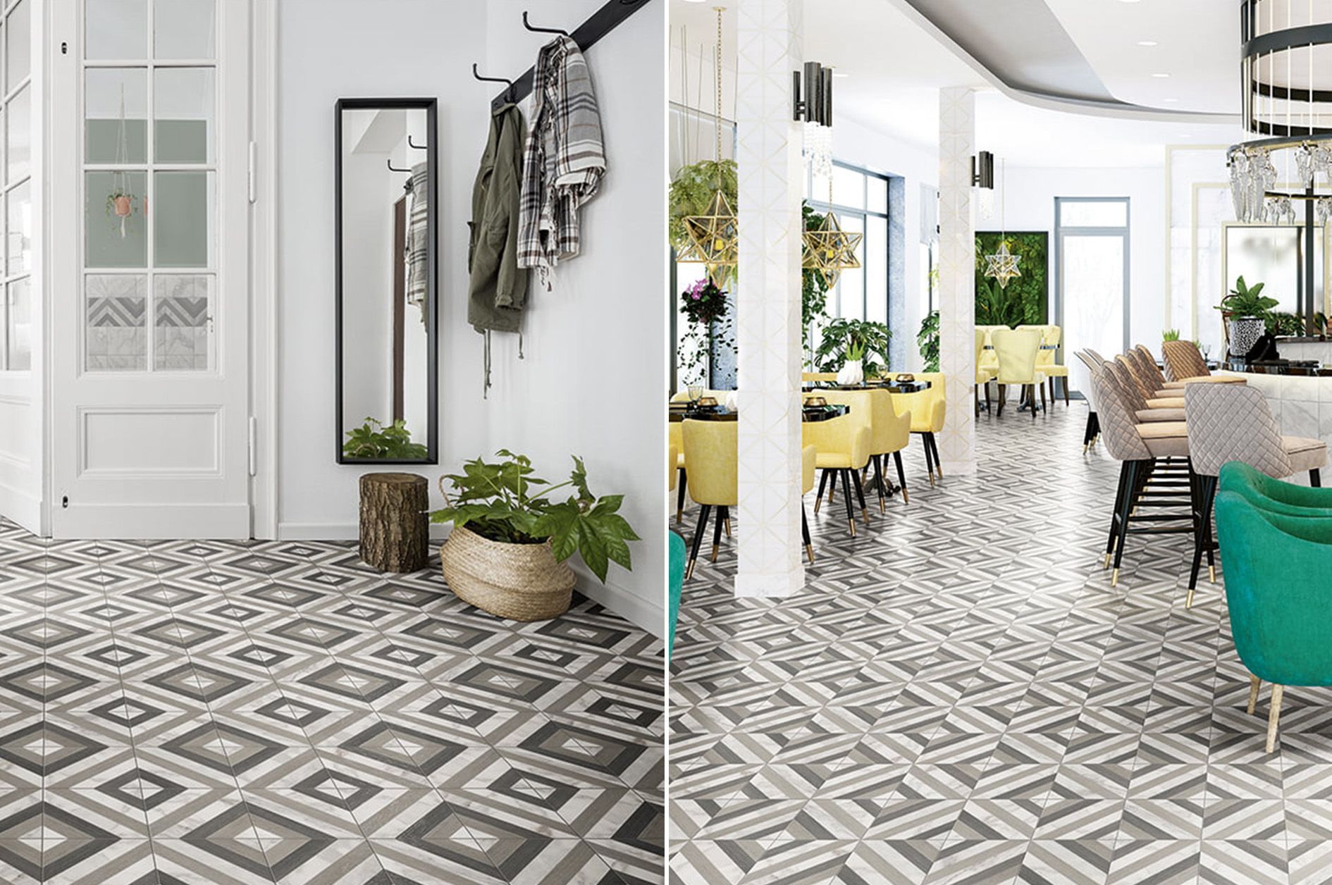 Pattern floor tiles used in a restaurants eating area and i the walk way of a home