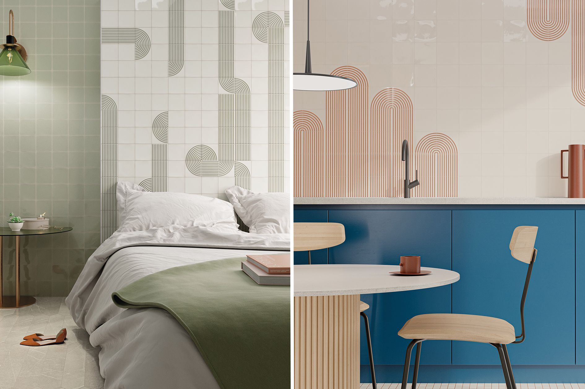 Kia tile on feature wall with bed and table