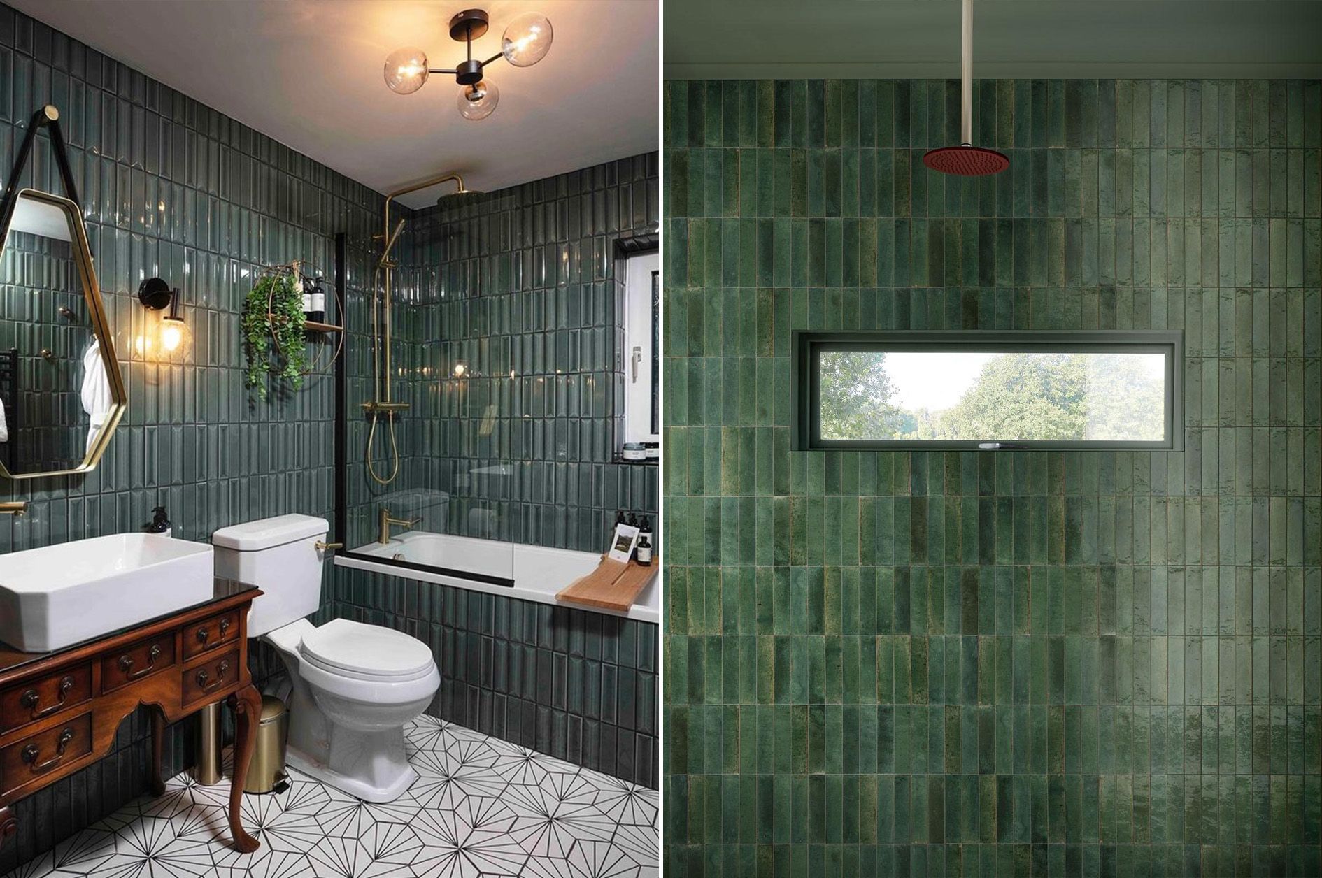Verde Salerno Zellige wall tiles used in a bathroom with terrazzo floor tiles