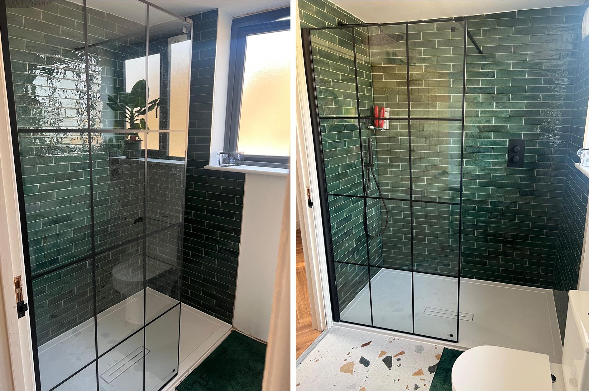 Green Salerno Tiles fitted inside of a shower with terrazzo effect tiles covering the floor