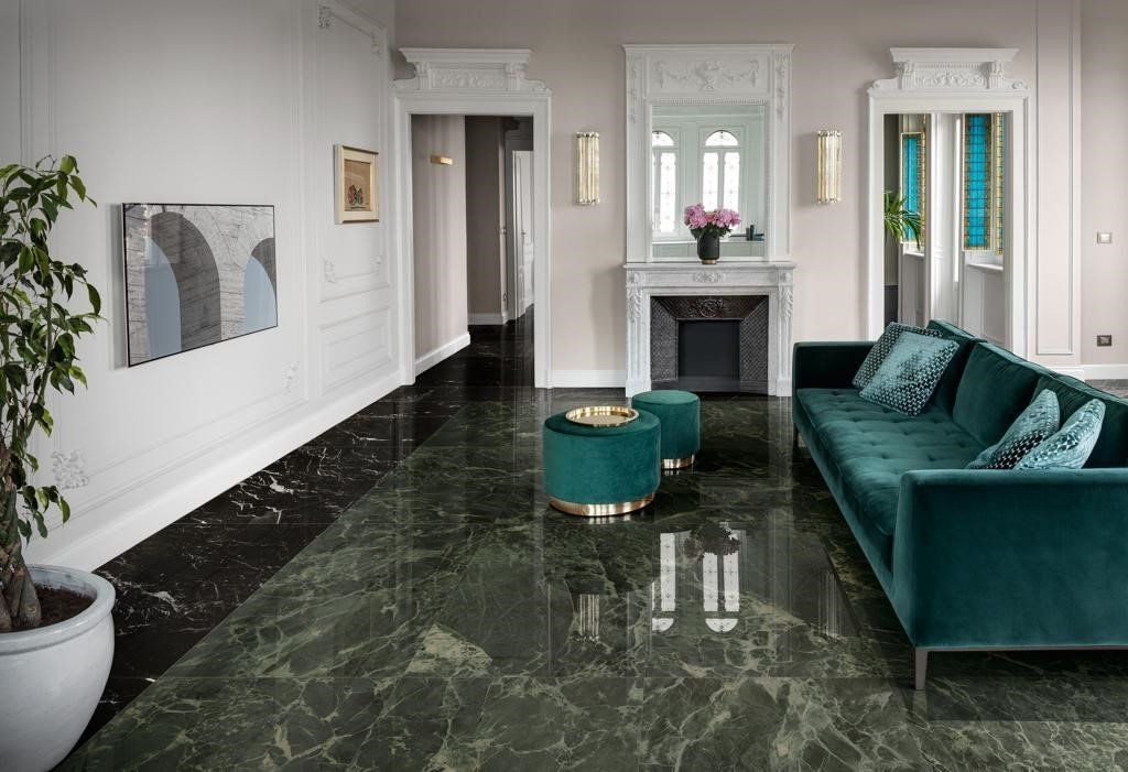 Green marble gloss floor in seating waiting area