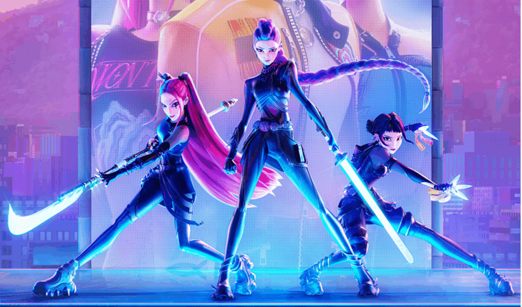 Kpop demon hunters three main charecters on stage