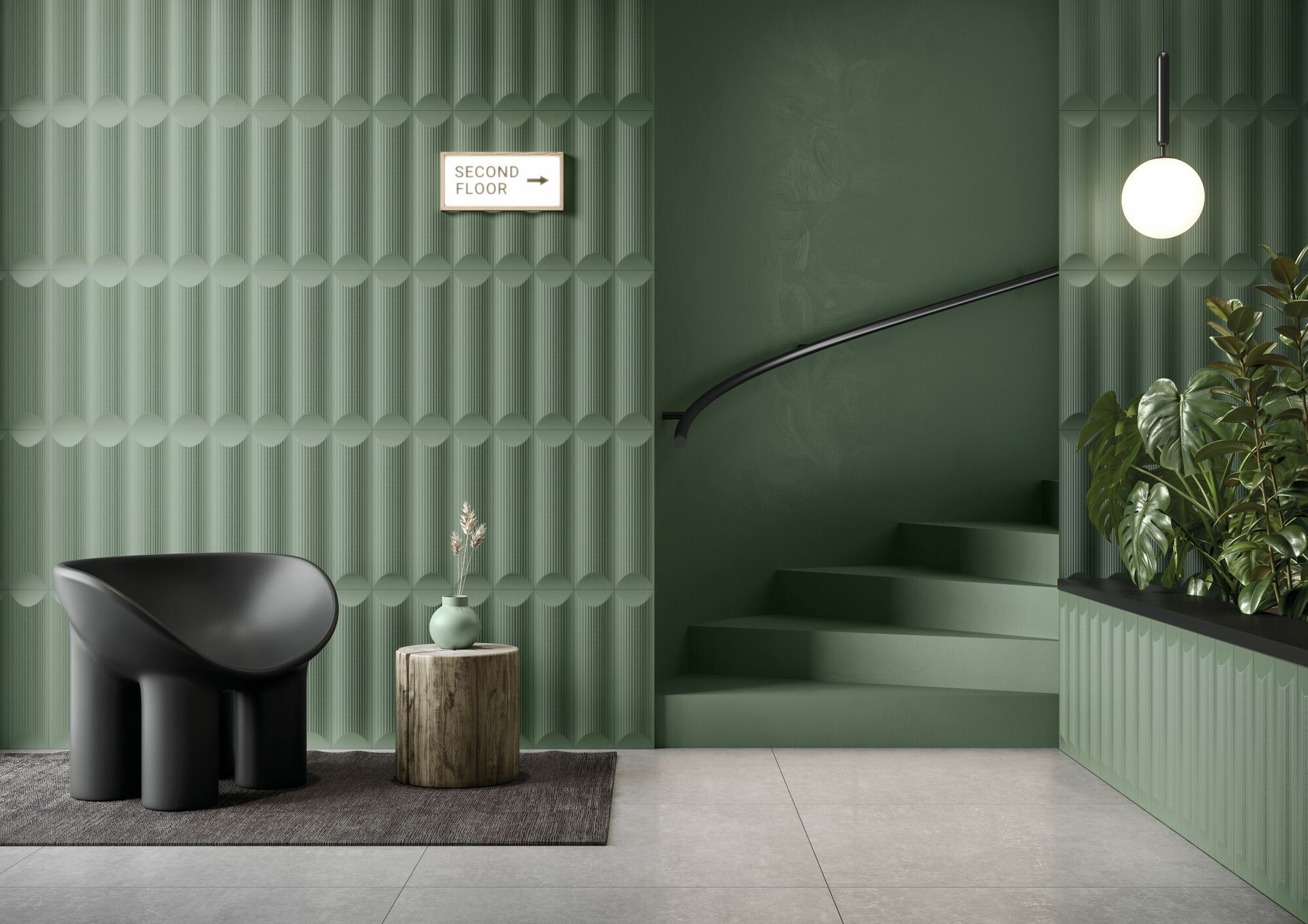 Fluted 3d tiles green with a forest green stairs