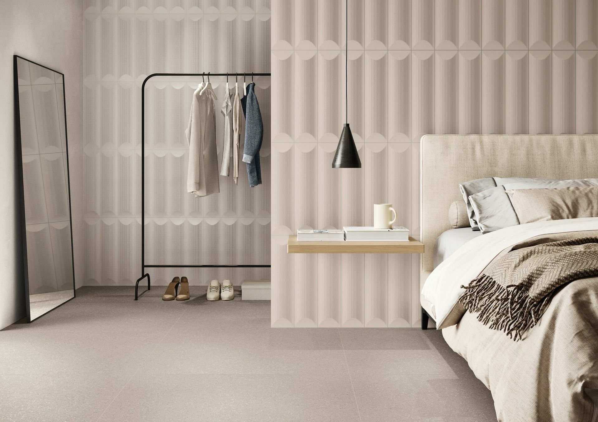 beige fluted ribbed tiles in a bedroom design with a Scandinavian design touch and a black railing for clothing. 