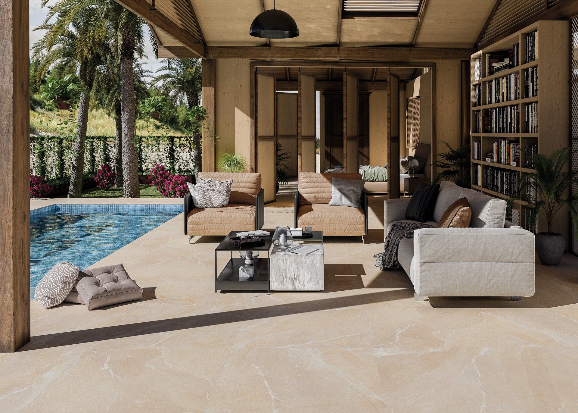 patio tiles, bookshelf , pool , black coffee table