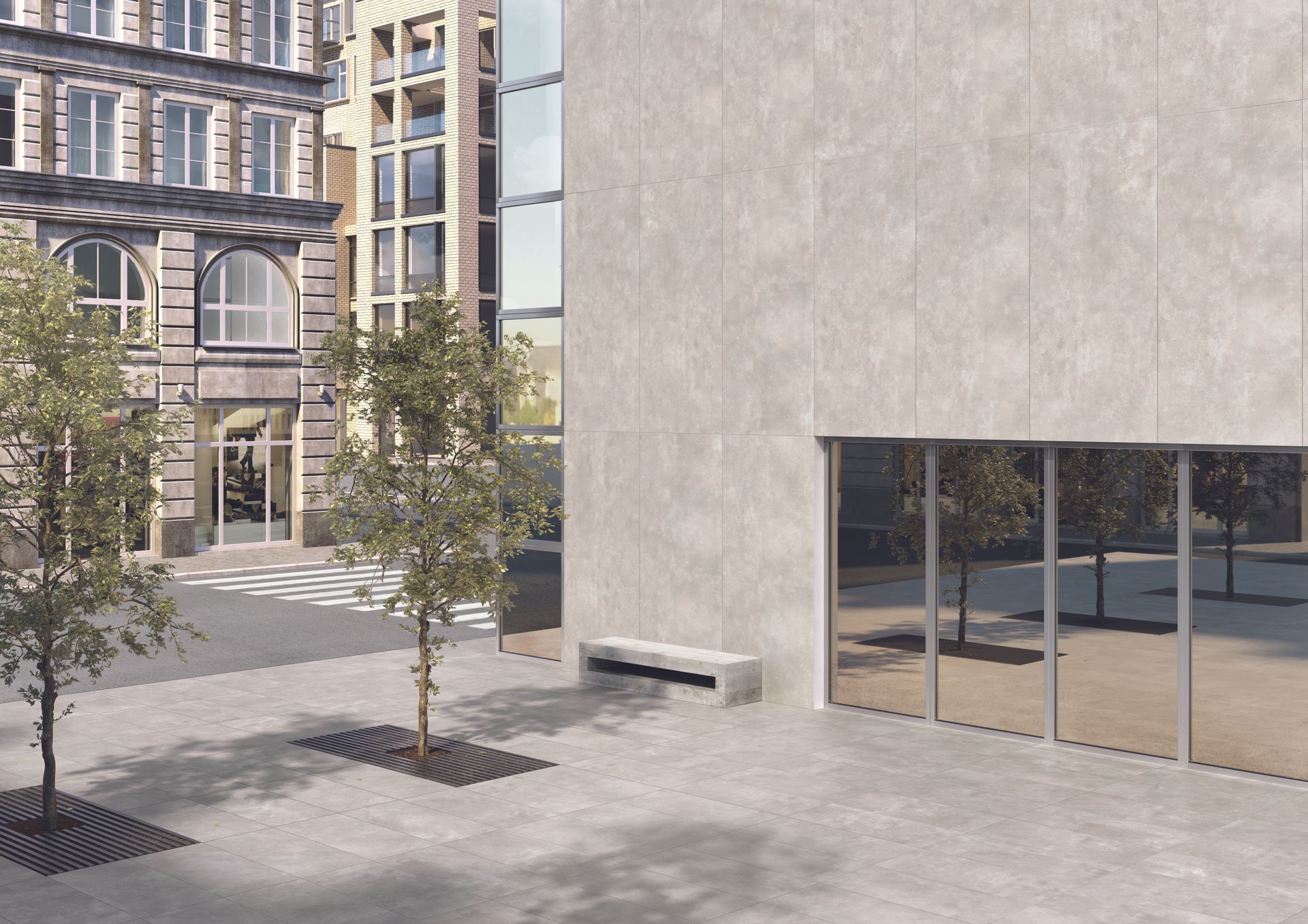 grey exterior tiled building with trees and a bench outside