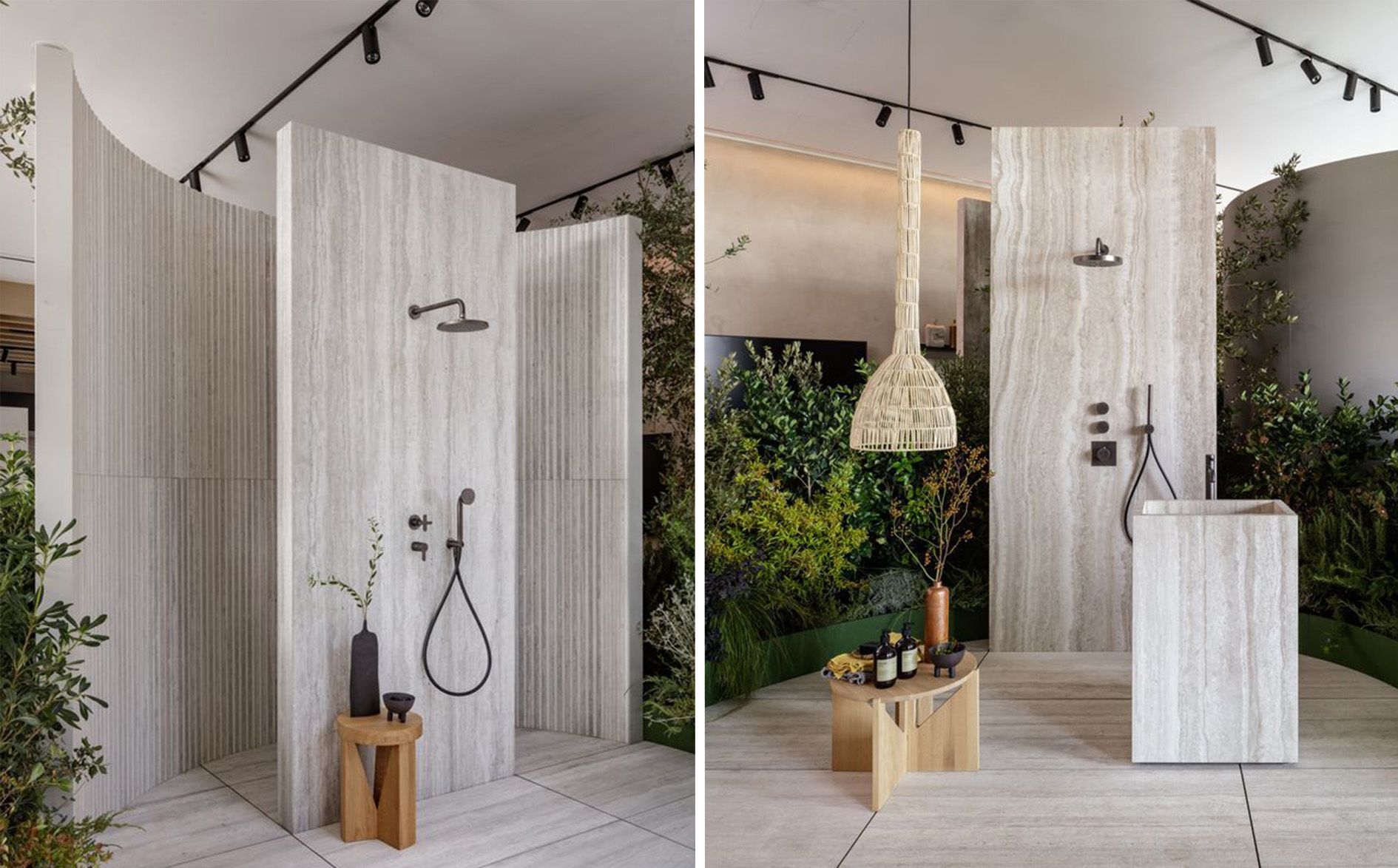 Travertine tile used as standing shower insperation in show room