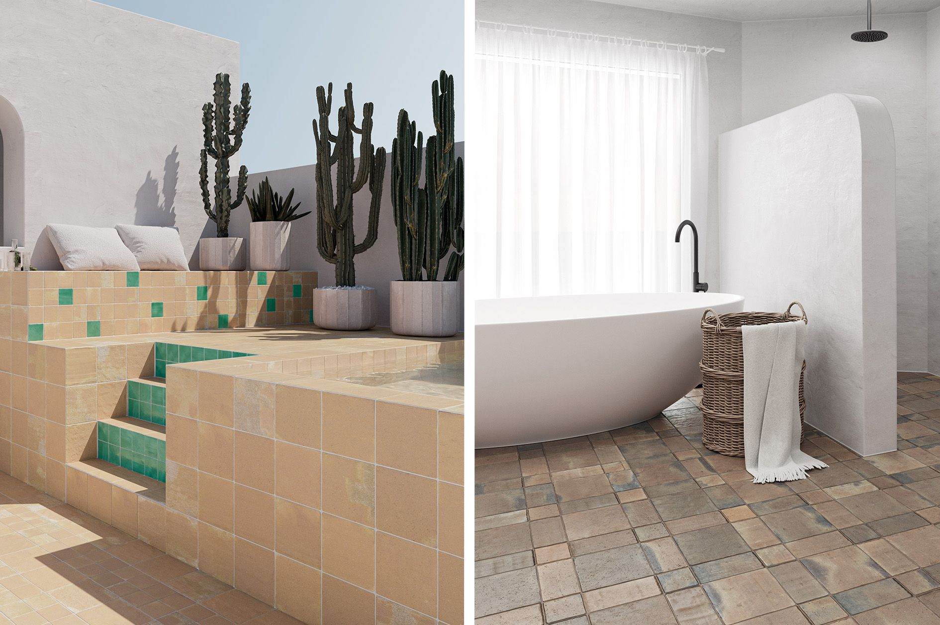 Terracotta tiles used in a garden to create a natural feel and also a rustic effect terracotta tile used in a bathroom with a white oval bathtub and a black tap.