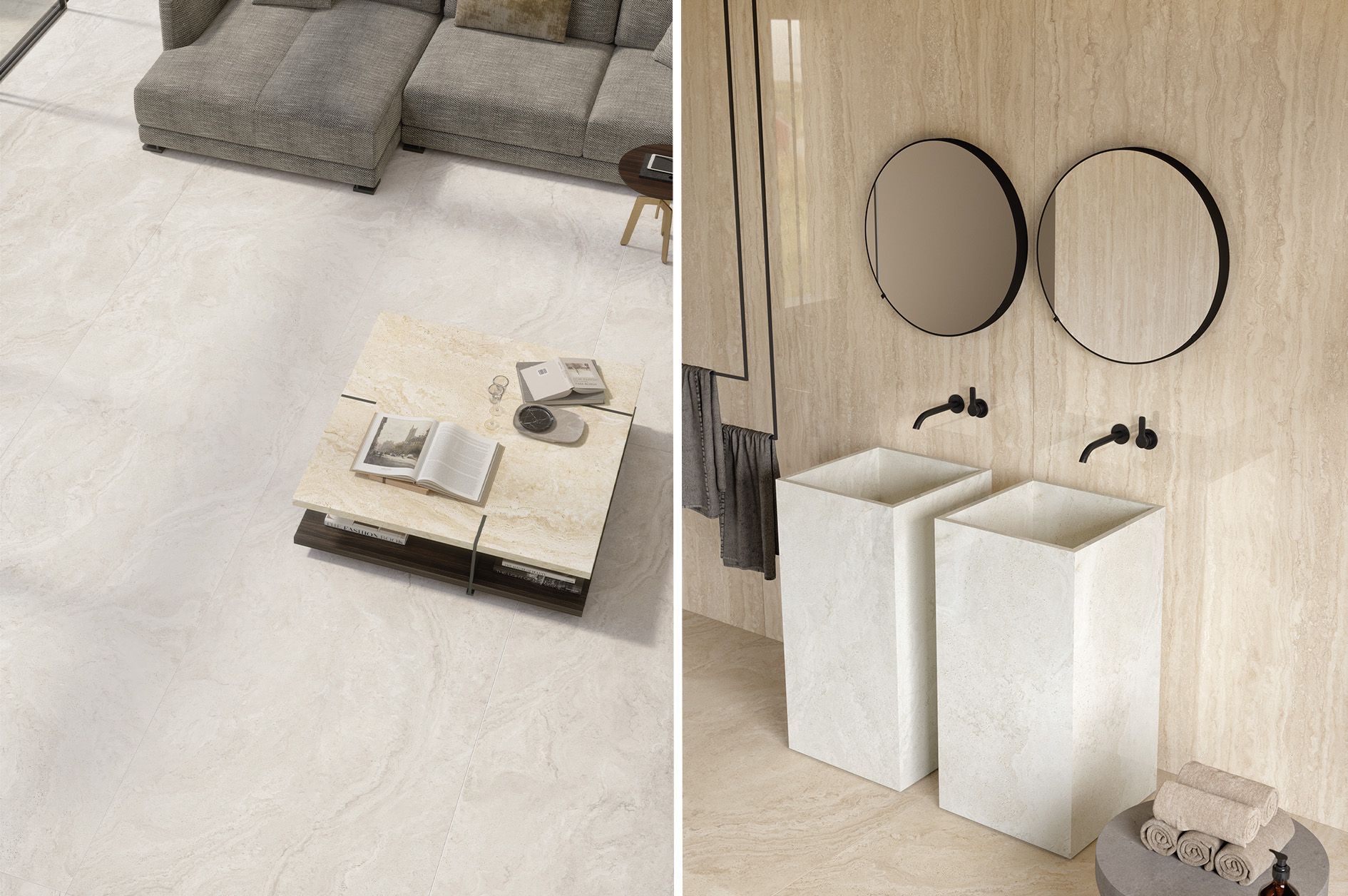 Concrete effect floor tile and nativ cream wall tile used in a bathroom