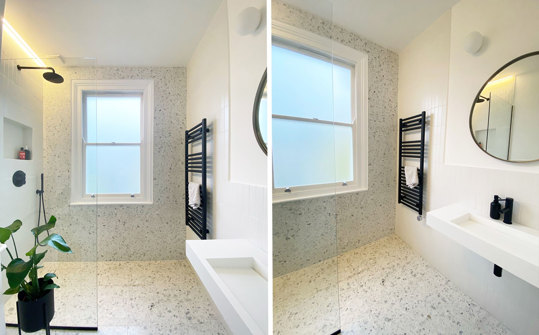 Real terrazzo used on the floor of this bathroom