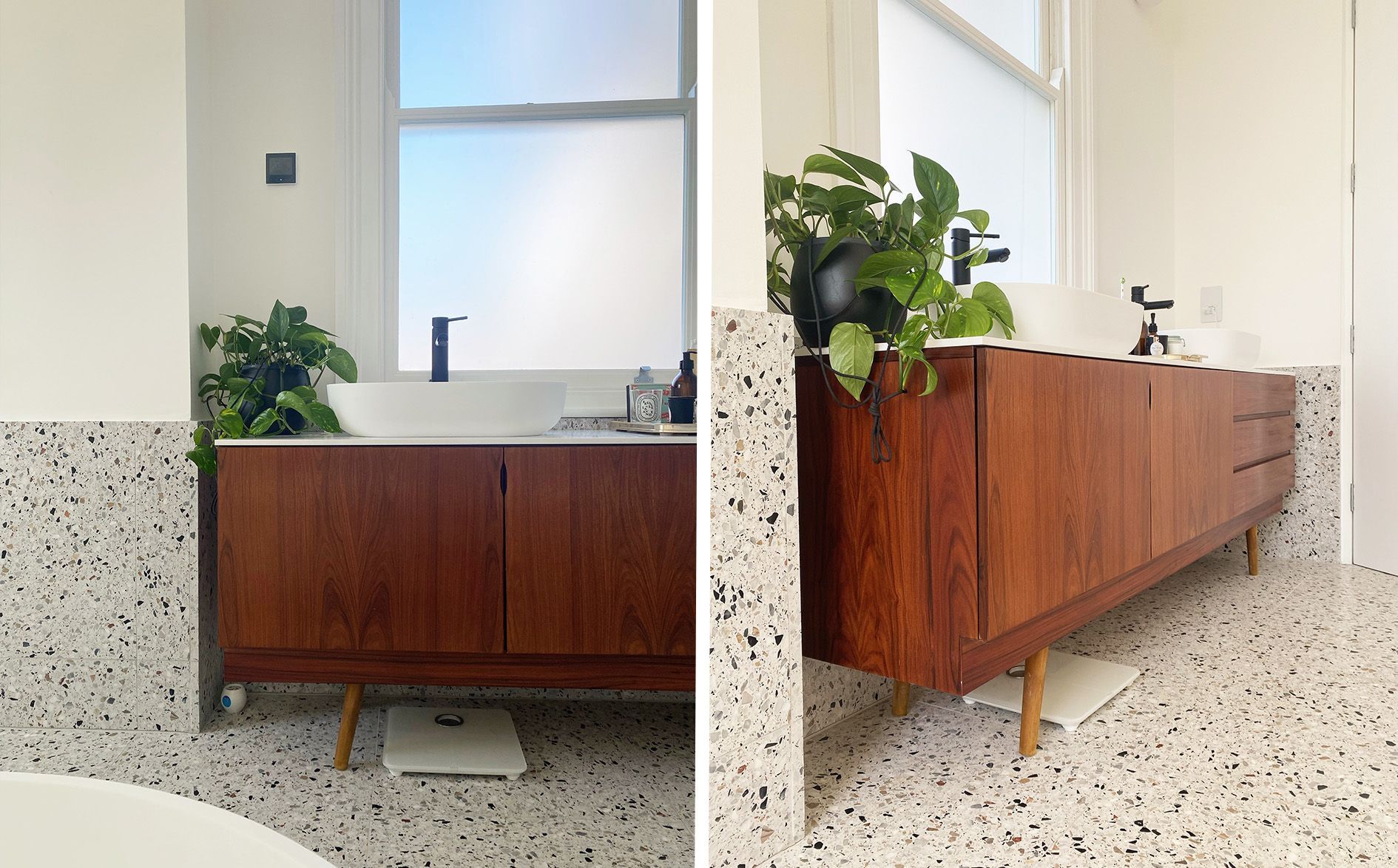 Real terrazzo shown in 2 images in a bathroom floor