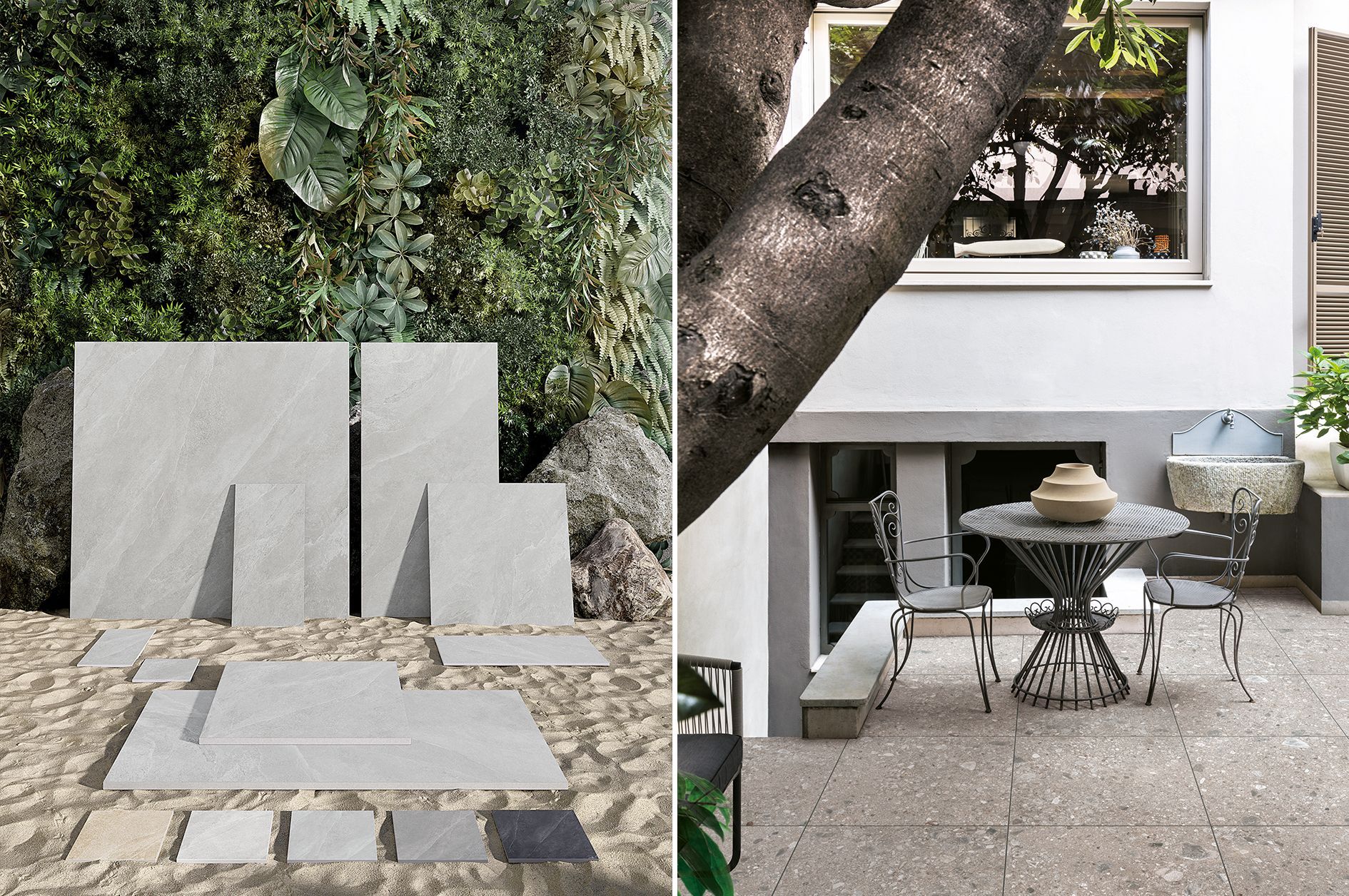 showcase of outdoor tiles on a sandy beach , a balcony style back garden with metal table and chairs