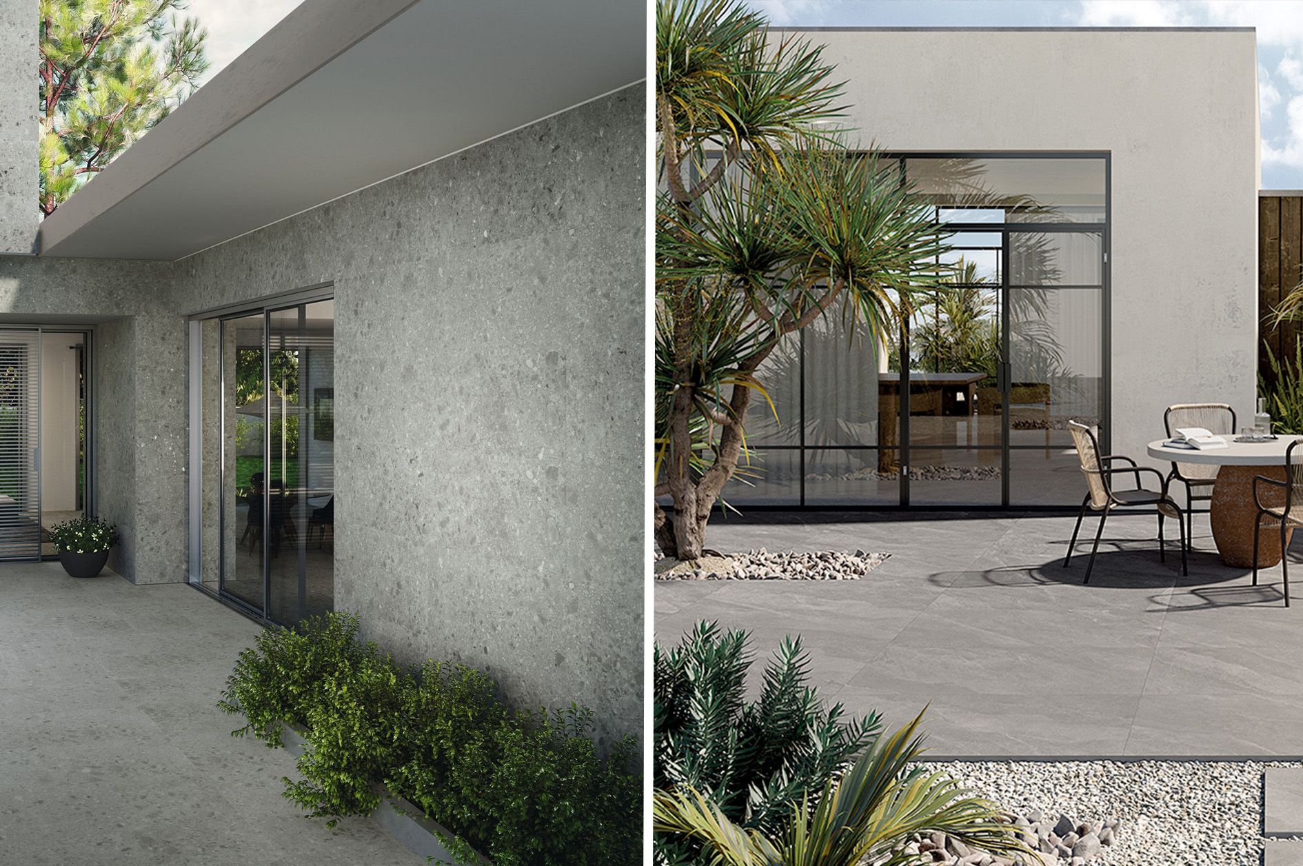 Close up of a terrazzo effect house and a anthracite tiled patio