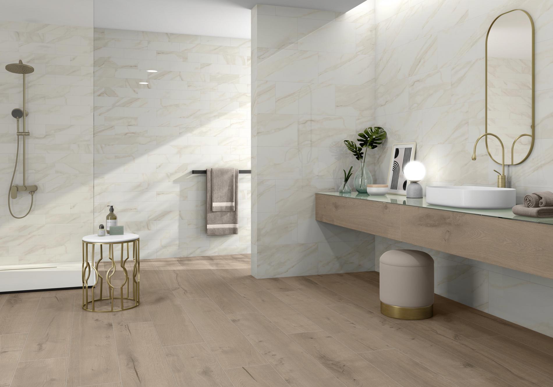 wood tiles on bathroom floor and matt marble wall tiles