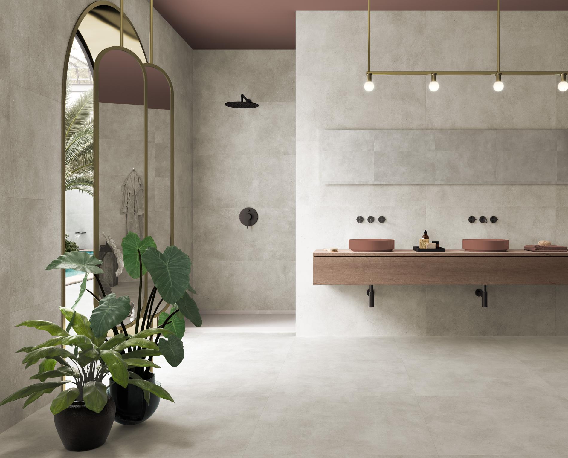 manhattan concrete floor tiles , concrete effect , bathroom , pink sink bowls