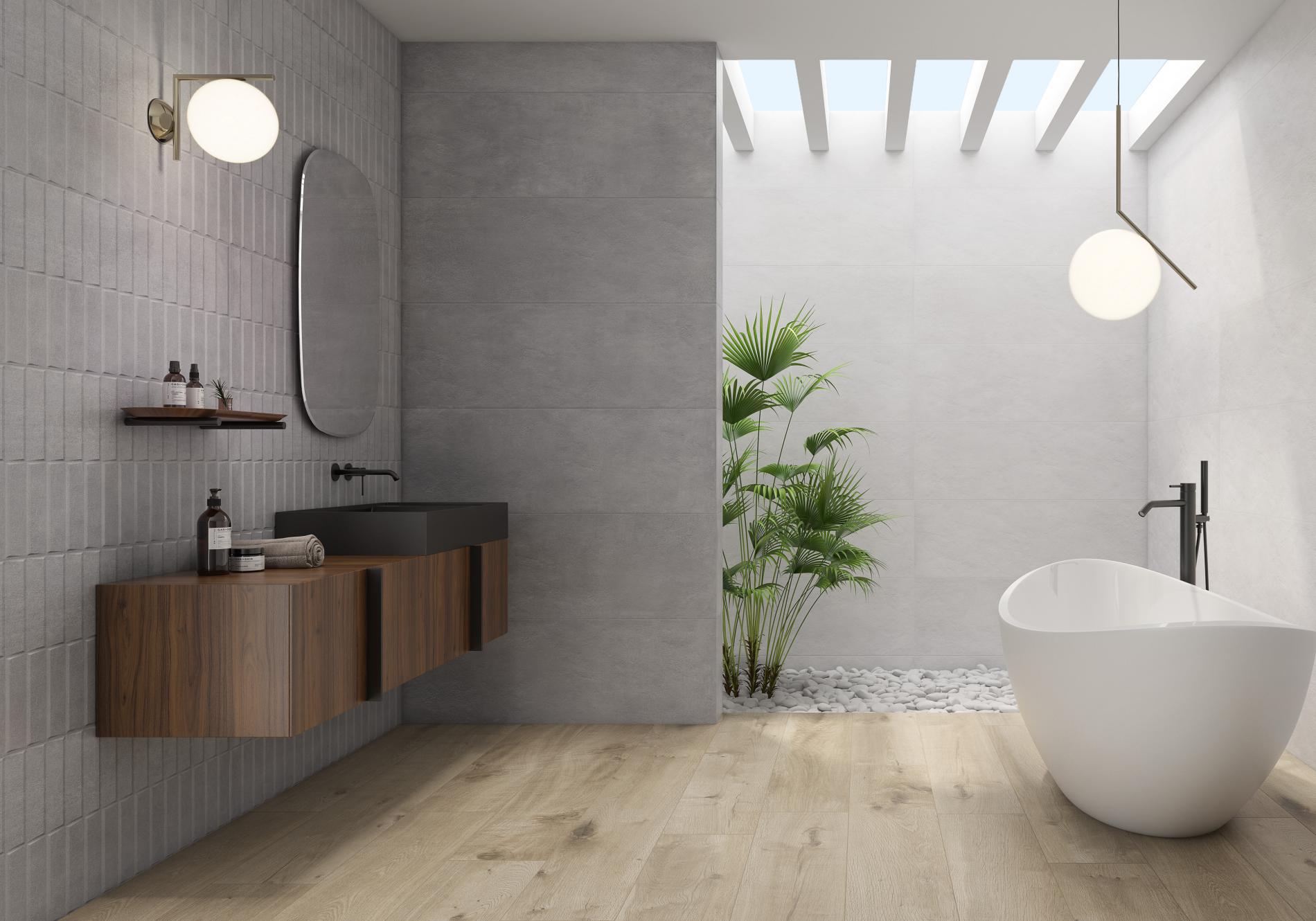 bathroom with wood floor tiles and grey metro wall tiles